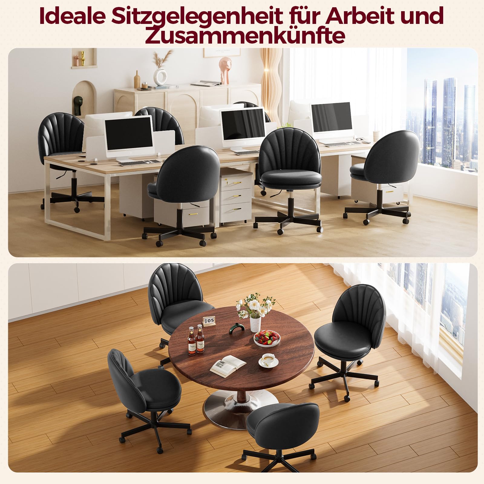 COMHOMA Homeoffice Stuhl, Schminkstuhl, Schreibtischstuhl ohne Armlehnen, Drehstuhl mit Rückenstütze, Bequemer Bürostuhl auf Rollen, Höhenverstellbarer Home Office Stuhl,Kunstleder schwarz