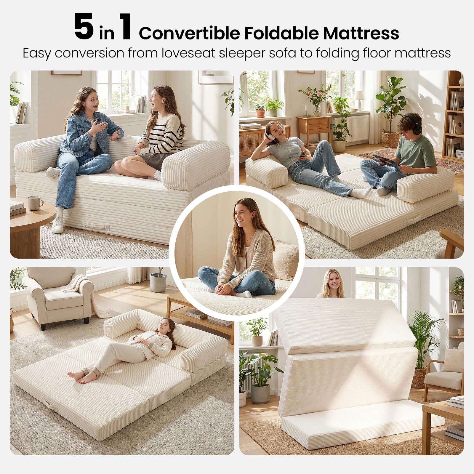 Erament Futon Sofa Bed Queen, Convertible Tri Folding Mattress Foldable with Removable Armrests & Washable Cover, 5-Inch Floor Mattress with High-Density Foam, Small Pull Out Couch Bed, Beige