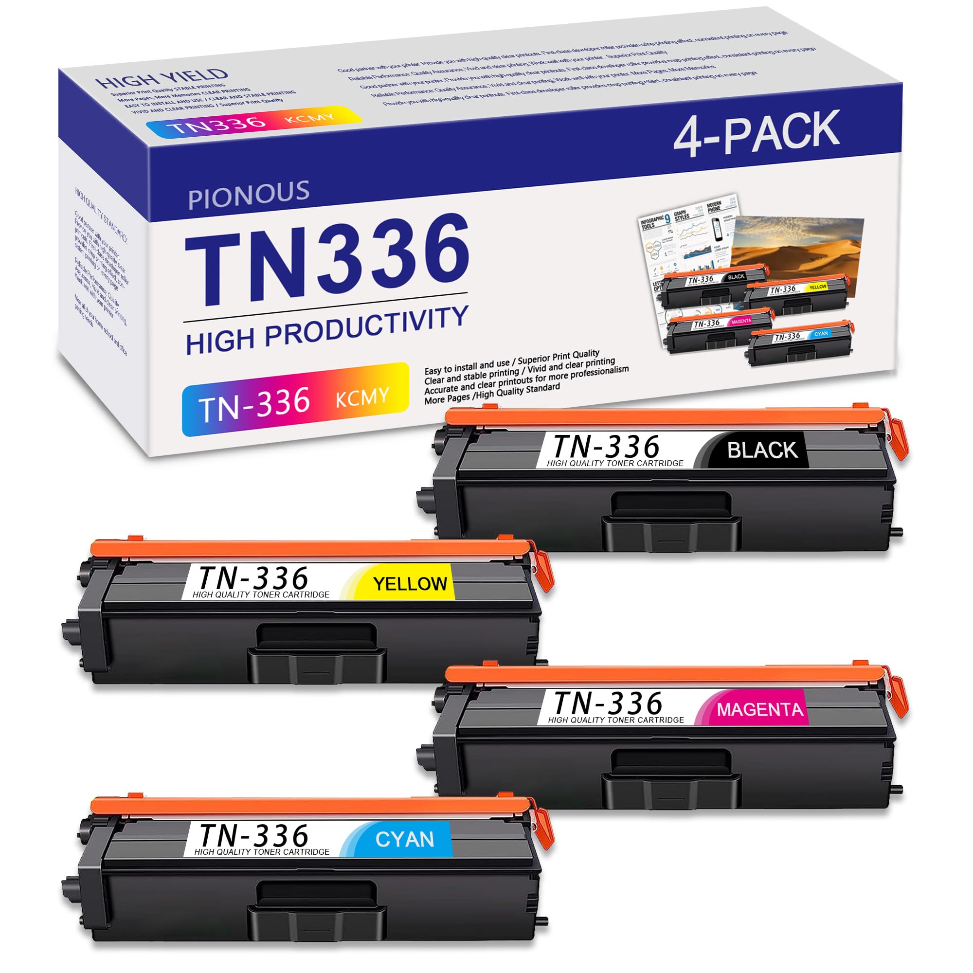 Photo 1 of 4PK TN336 High Yield Toner Cartridge Replacement for Brother TN-336 TN331 Toner Cartridge for MFC-L8850CDW HL-L8350CDW MFC-L8600CDW HL-4150CDN MFC-9970CDW Printer (Black, Cyan, Yellow, Magenta)