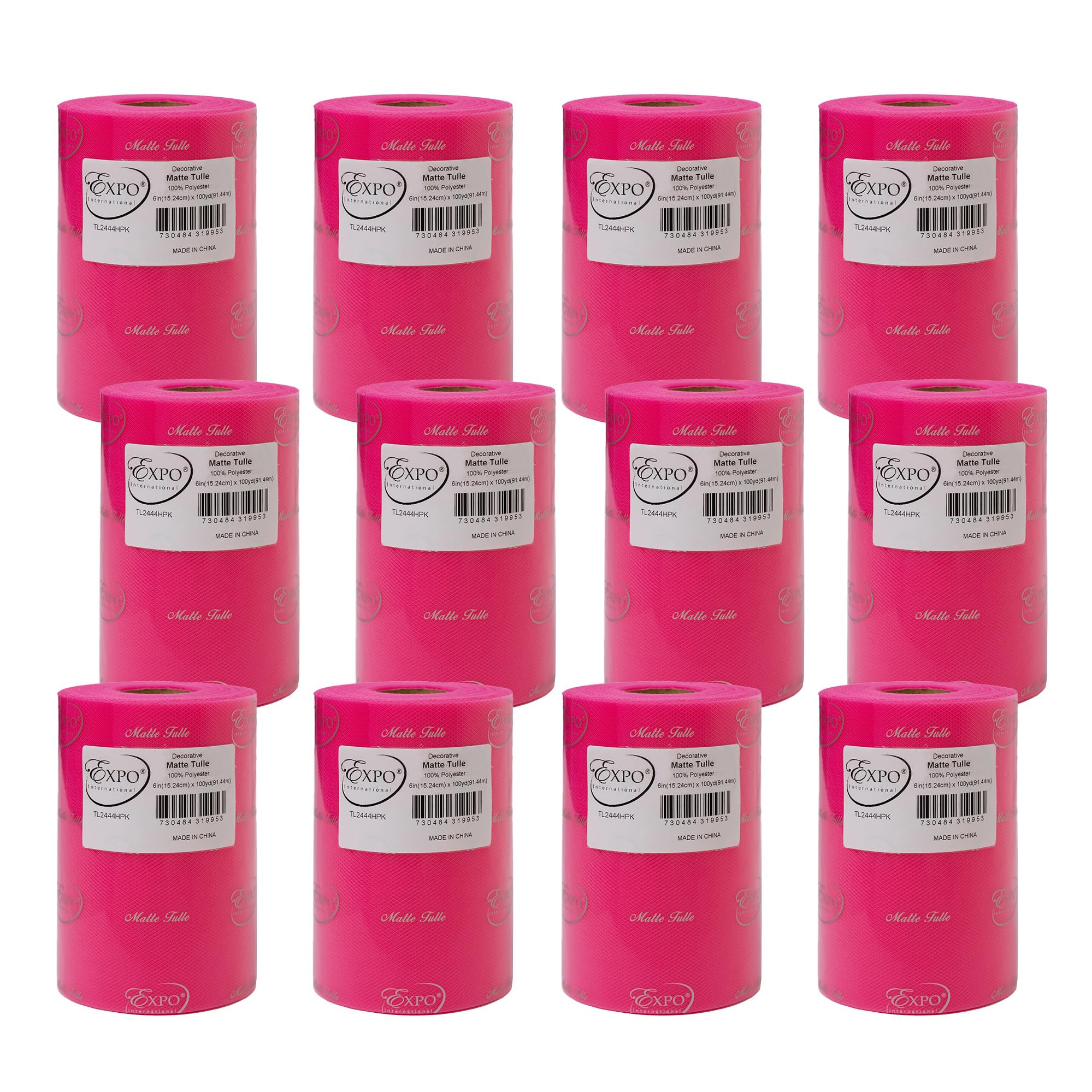 Expo International Decorative Matte Tulle, Roll/Spool of 6” X 100 Yards, Lightweight Polyester Tulle Fabric for Tutus, Costumes, and Party Decorations, Washable, Easy-to-Use, Pack of 12, Hot Pink