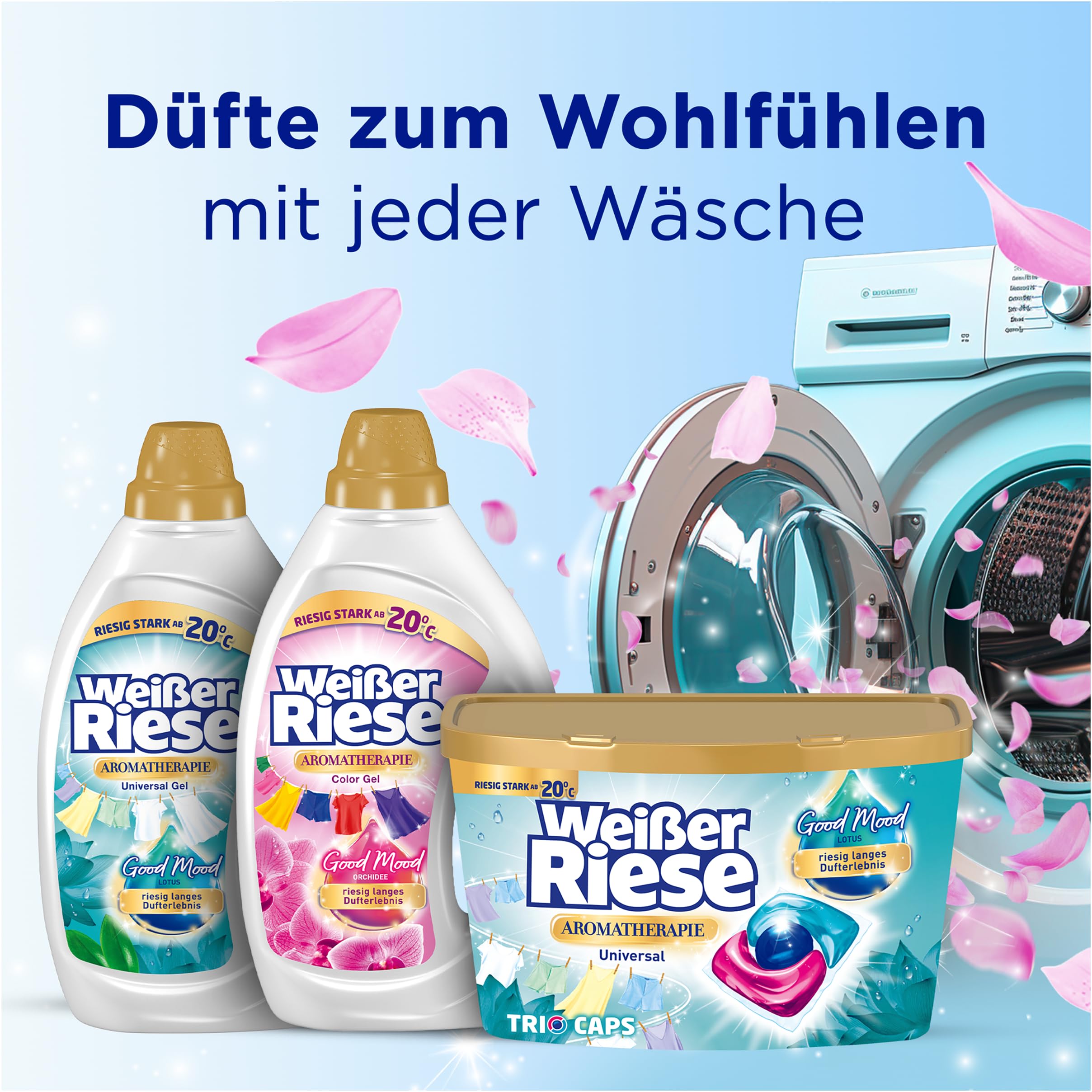 Weißer Riese Universal Trio-Caps Aromatherapie Lotus (120 Waschladungen), Waschmittel mit Good Mood-Duft für unwiderstehlich duftende & strahlend saubere Wäsche, 100% recycelbar