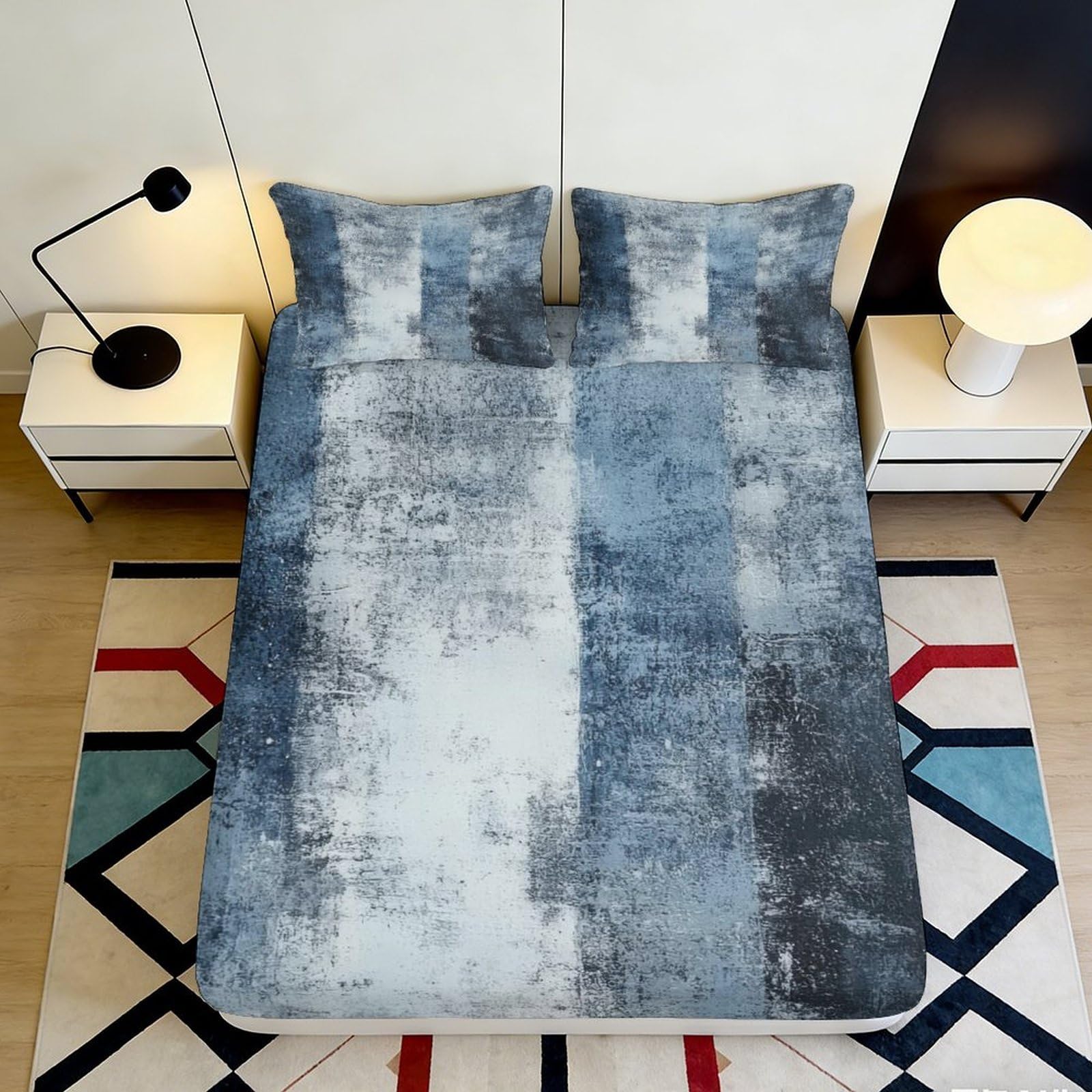 3D Printed Blue Abstract Fitted Sheet Microfiber Soft Breathable Grey Gradient Mattress Cover for Bedroom Guestroom Decor 90x200x25cm