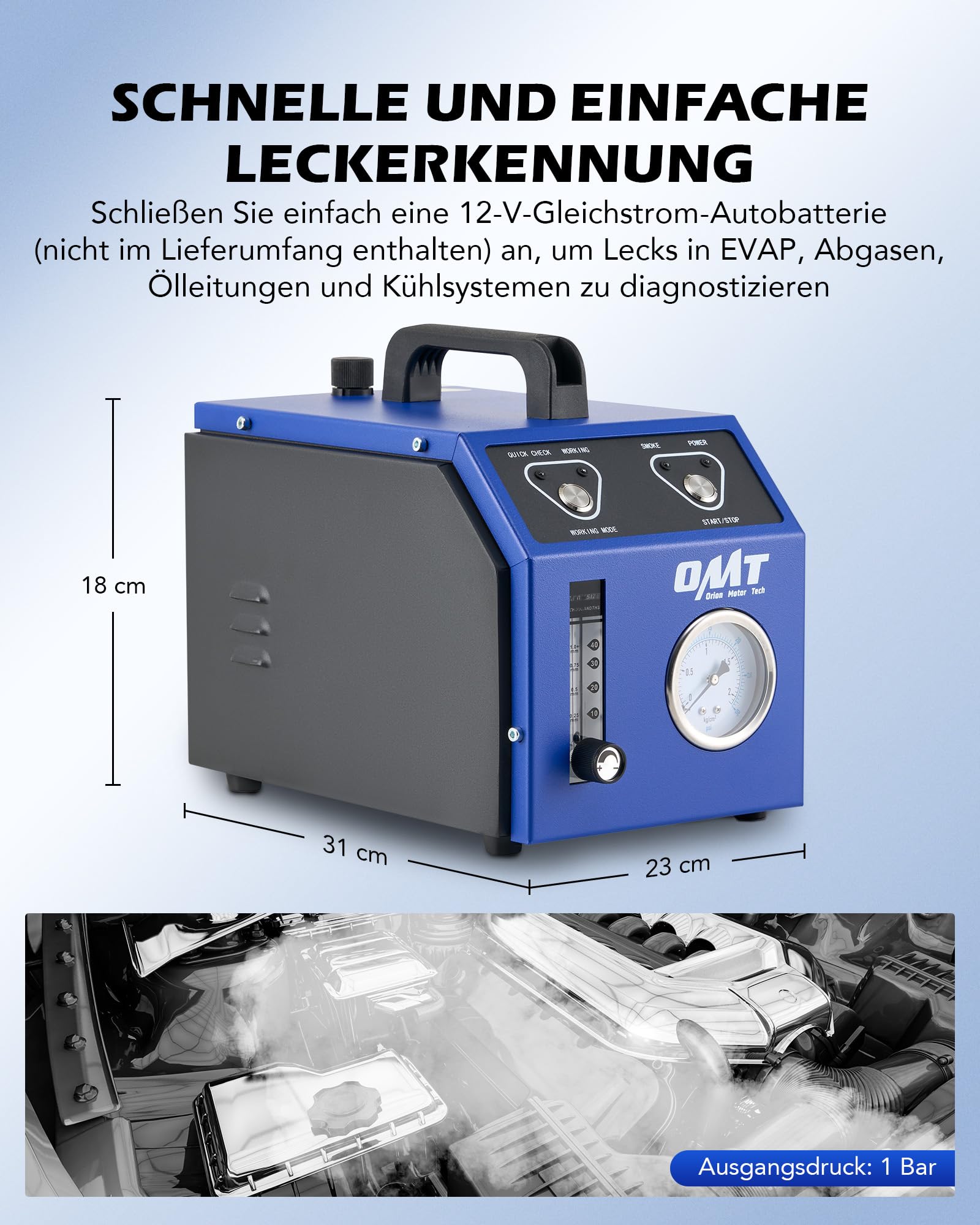 Orion Motor Tech EVAP Nebelmaschine KFZ Rauchmaschine Lecksuchgerät 12V Rauch Lecksucher Dual-Modi mit Druckanzeige & Durchflussmesser-Anzeige für Autos Motorräder Schneemobile ATV Lastwagen Boote