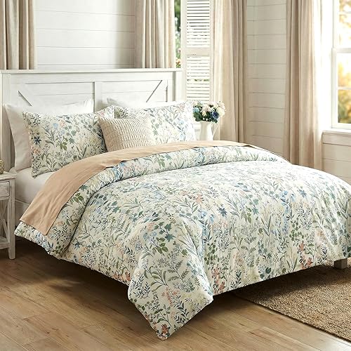 Miniatura 2 de Juego de edredón floral verde, tamaño King, edredón 100% algodón, 3 piezas, suave, ligero, reversible, retro, floral, para todas las estaciones