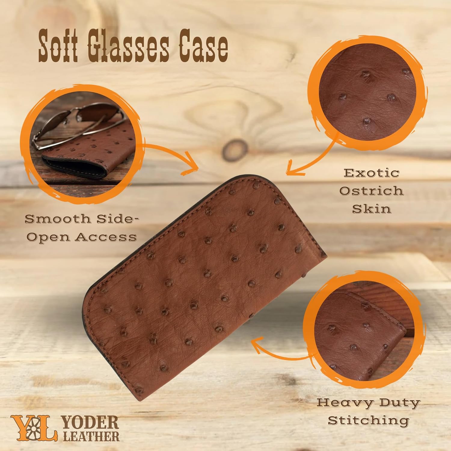 Yoder Leather Company Genuine Ostrich Leather Eyeglasses Case, Soft Sunglasses Pouch, Glasses Holder