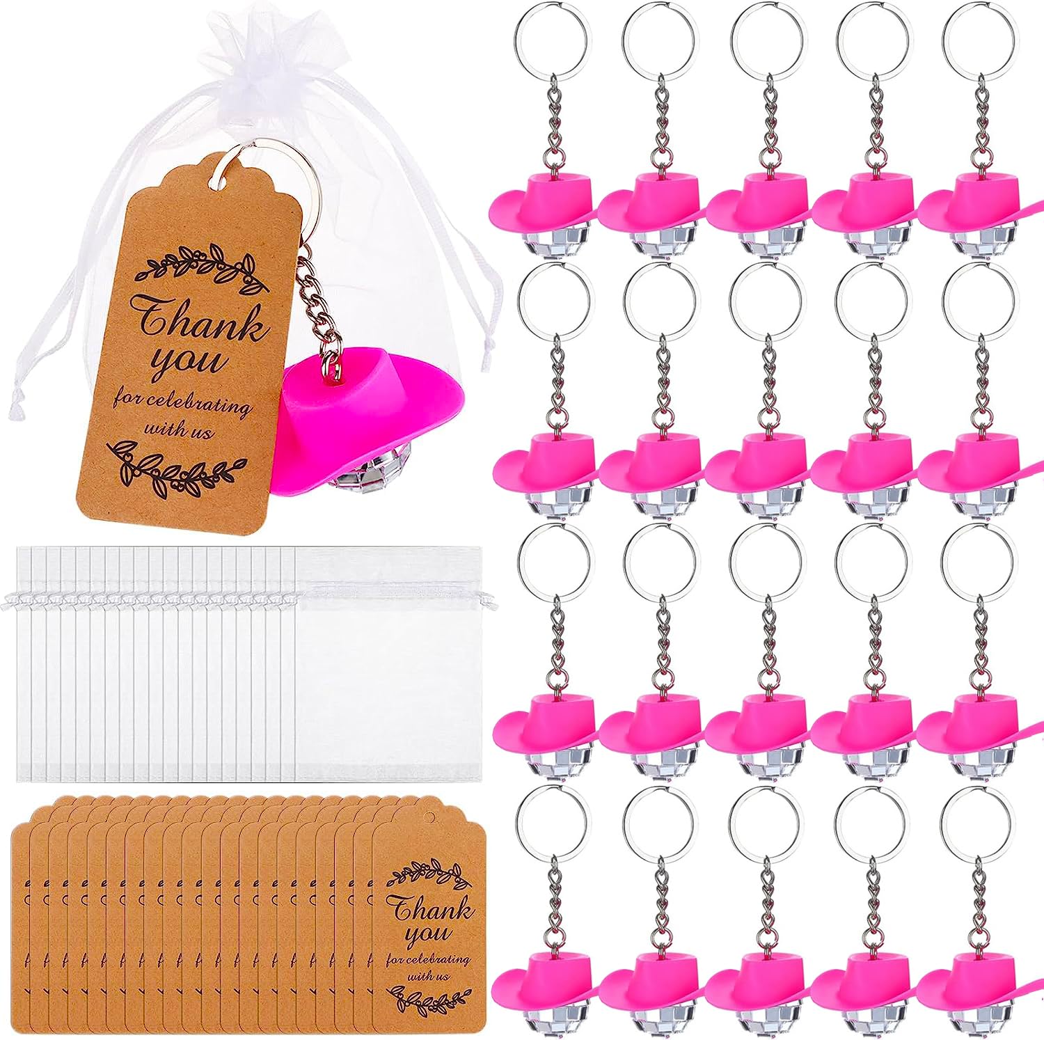 60pcs Cowboy Hat Disco Ball Keychains with Thank You Tags and Organza Bags Pink Hat Disco Ball Decorations Mini Disco Ball Ornaments for Disco Party Favors