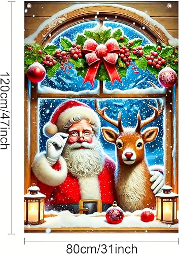 Miniatura 3 de Cubierta de ventana de Navidad de 31 x 47 pulgadas, cubierta de ventana de escena de reno de Papá Noel con guirnalda, panel de pared de bosque