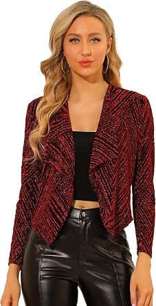 Allegra K Womens Party Sparkly Christmas Long Sleeve Open Front Glitter Cropped Jacket