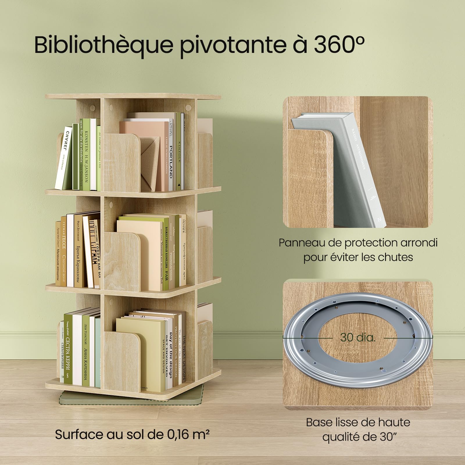 EUGAD Obrotowy regał na książki, z 3 poziomami, 12 półek, obracany o 360°, stojący regał, do salonu, gabinetu, biura, 40 x 94,5 x 40 cm, jasny dąb