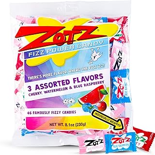Zotz Fizzy Bulk Candy (Assorted, 46 Units)- Hard Candy Individually Wrapped- Assorted 3 Fruit Flavors, Cherry, Watermelon & Blue Raspberry- From Italy Since 1970
