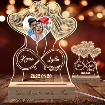 Personalized 3D Illusion Photo Lamp with Name Text Custom Picture Night Light with Wood Base Customized Heart Acrylic LED Name Lamp Gift for Valentines Day Anniversarys Day Birthday