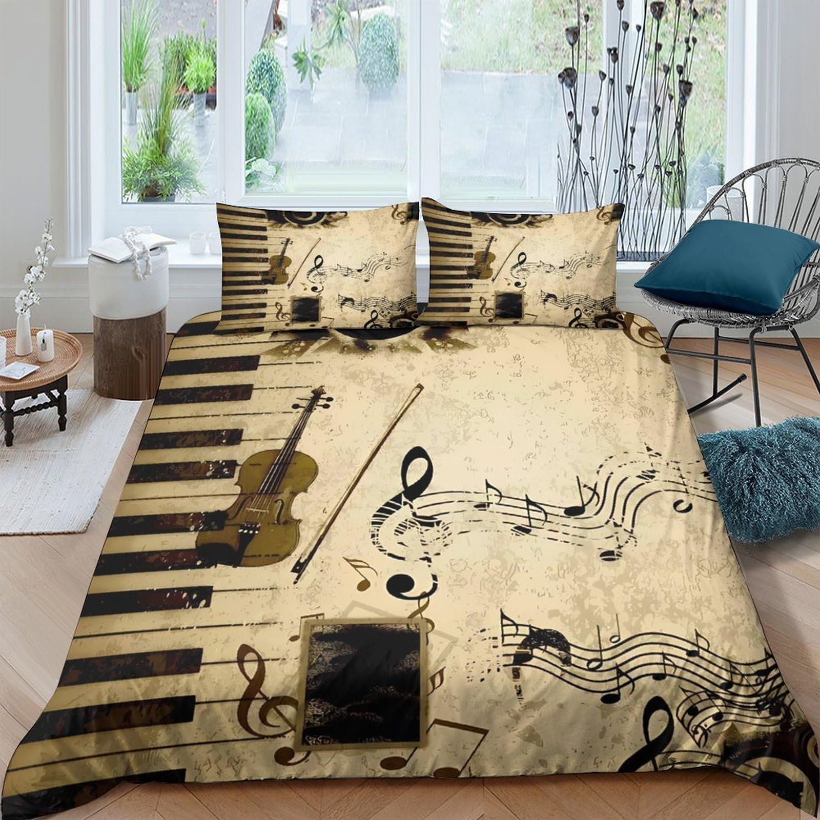 Ctjqhvkz Style-1 3D Printed Vintage Music Fitted Sheet Microfiber Soft Breathable Musical Notes Bed Cover For Bedroom Decor Single（135X200cm）