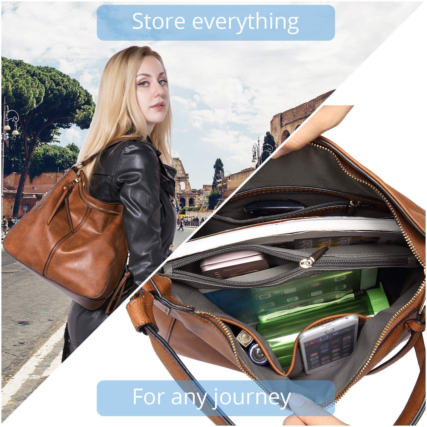 INOVERA (LABEL) Faux Leather Women Handbags Shoulder Hobo Bag Ladies Big Purse With Long Strap (Brown) 3