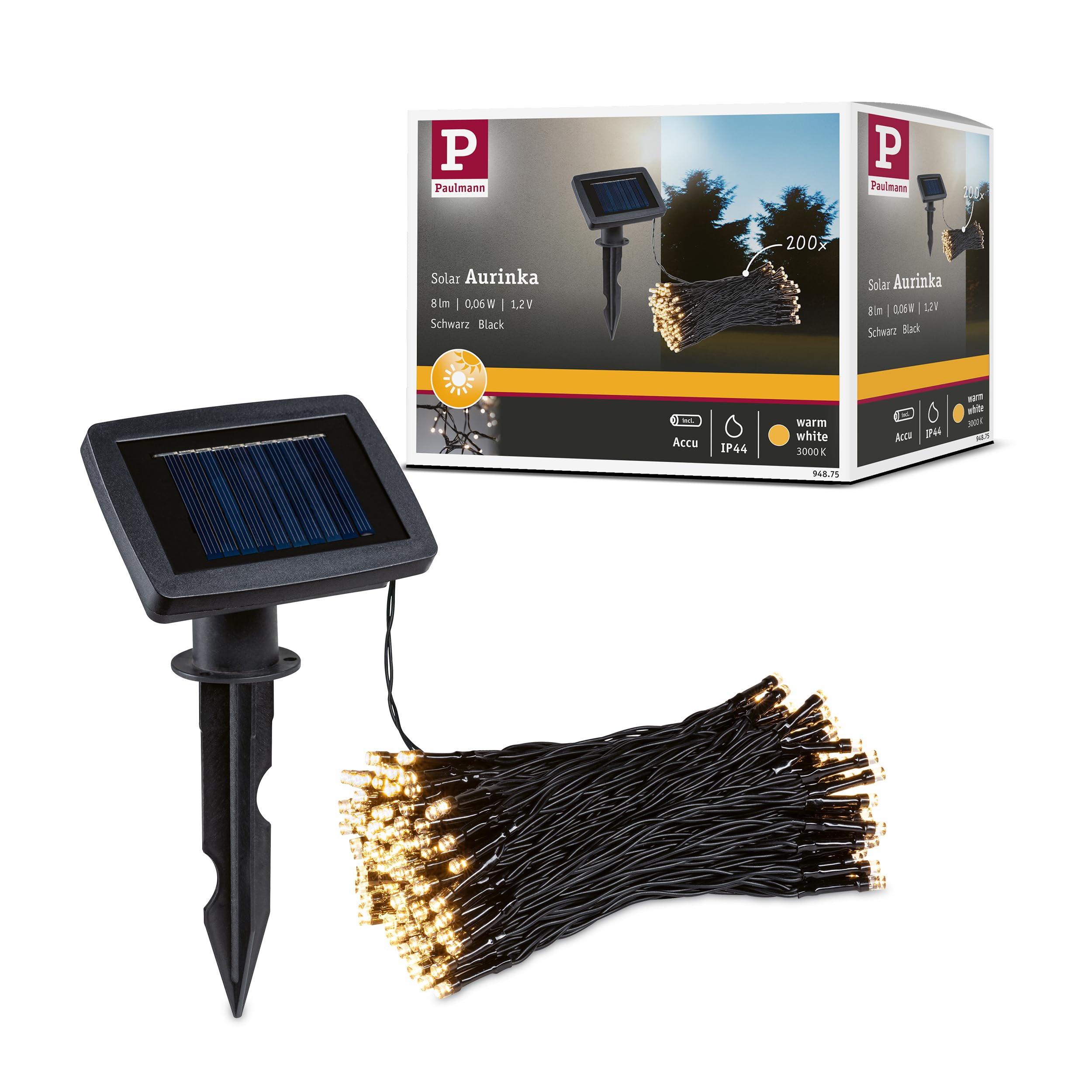 Paulmann 94875 Aurinka Solar Lichterkette – IP44, 3000 K, Schwarz