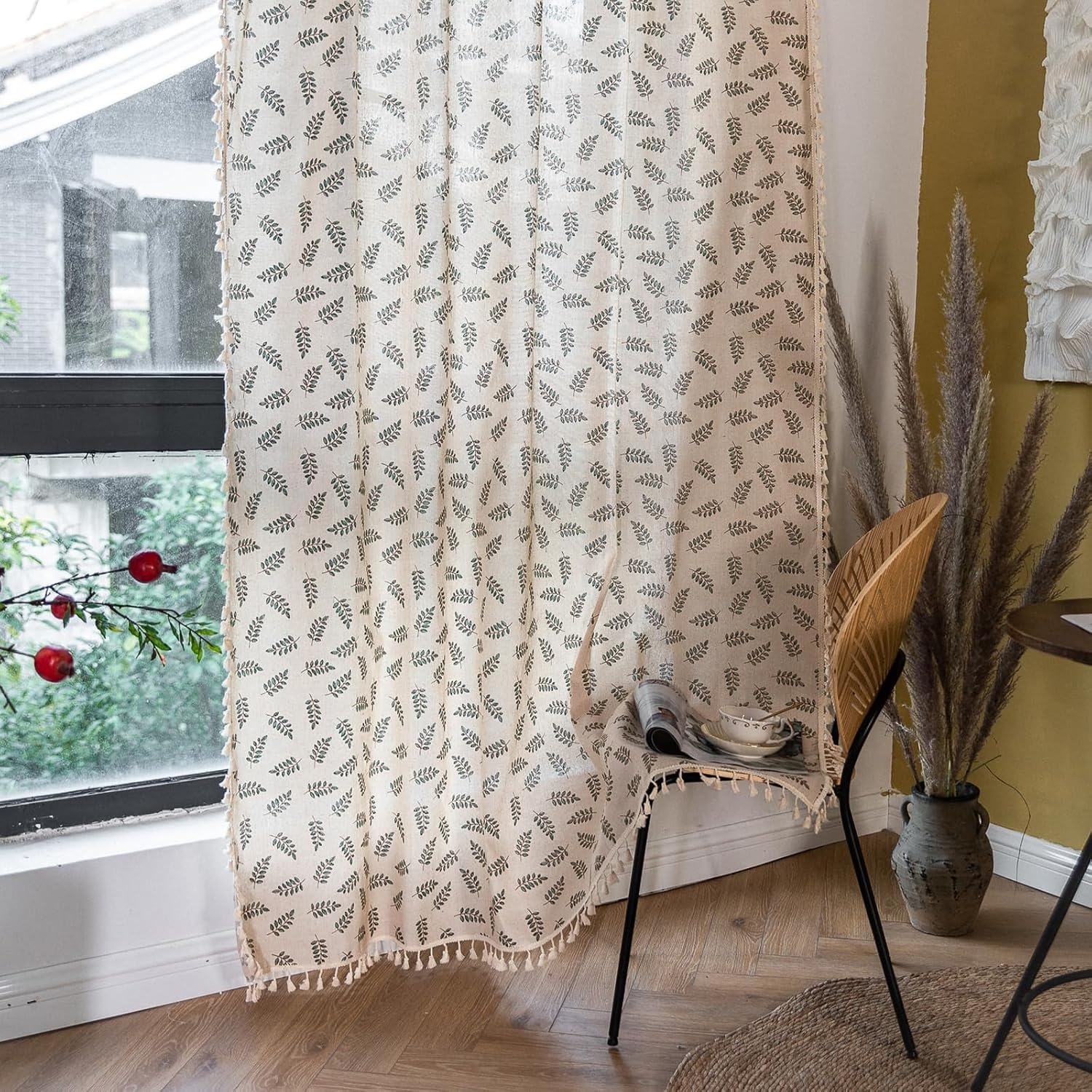 ROOMLIFE Floral Boho Curtains for Girl Living Room 63 Inch Length 2 Panels,French Country Patterned Curtains Semi Sheer Light Filtering Decor Drapes Window Treatments (Tassels, Rod Pocket)