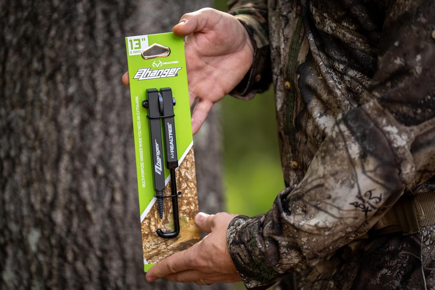 Realtree EZ Hanger – 13" 2-Arm Bow Hanger with Arrow Holders – Tree Screw Mount for Treestand Hunting – Holds Bows – Quiet, Durable & Adjustable Hook Arm