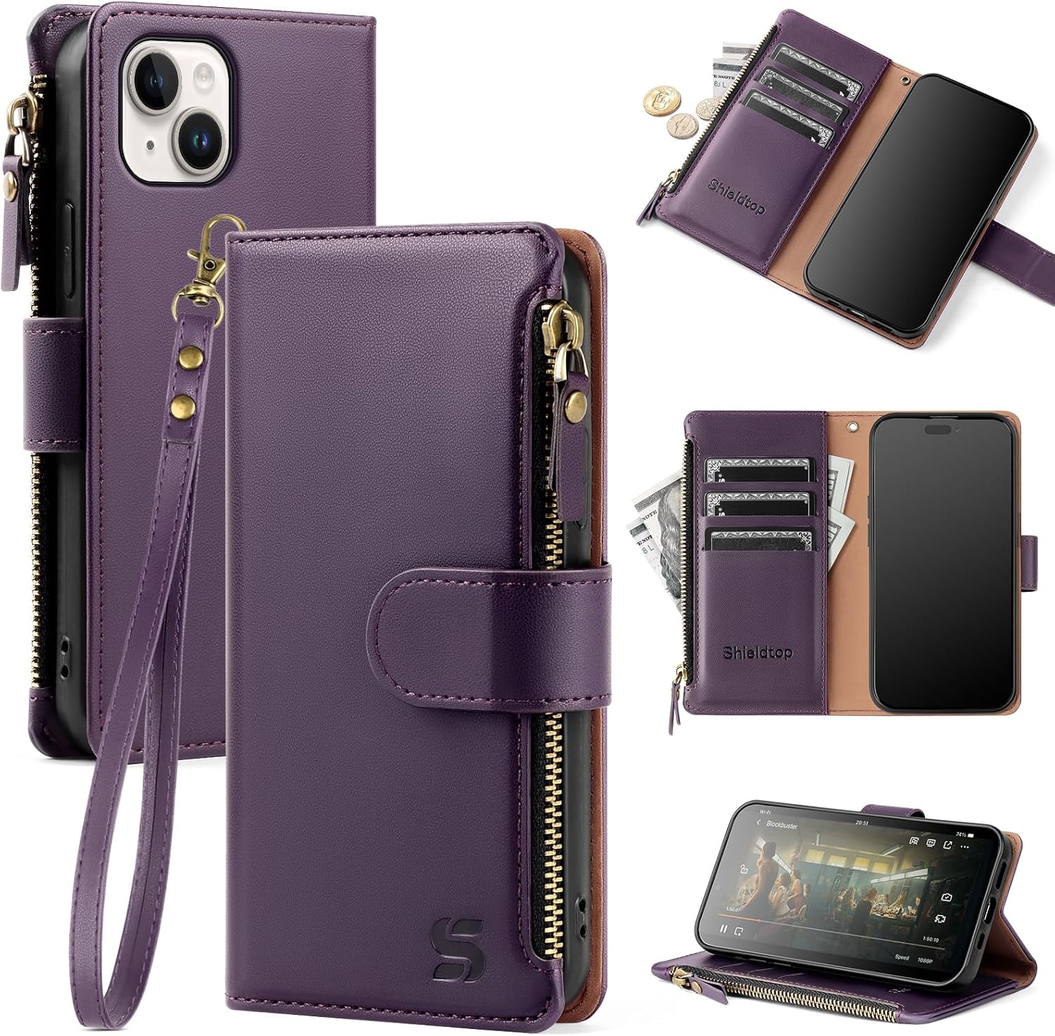 Compatible with iPhone 14 Wallet Case with Card Holder,Women Men RFID Blocking PU Leather Flip Cover Wrist Strap Zipper Credit Card Slots,Phone Case for Apple 14 6.1",Dark Purple