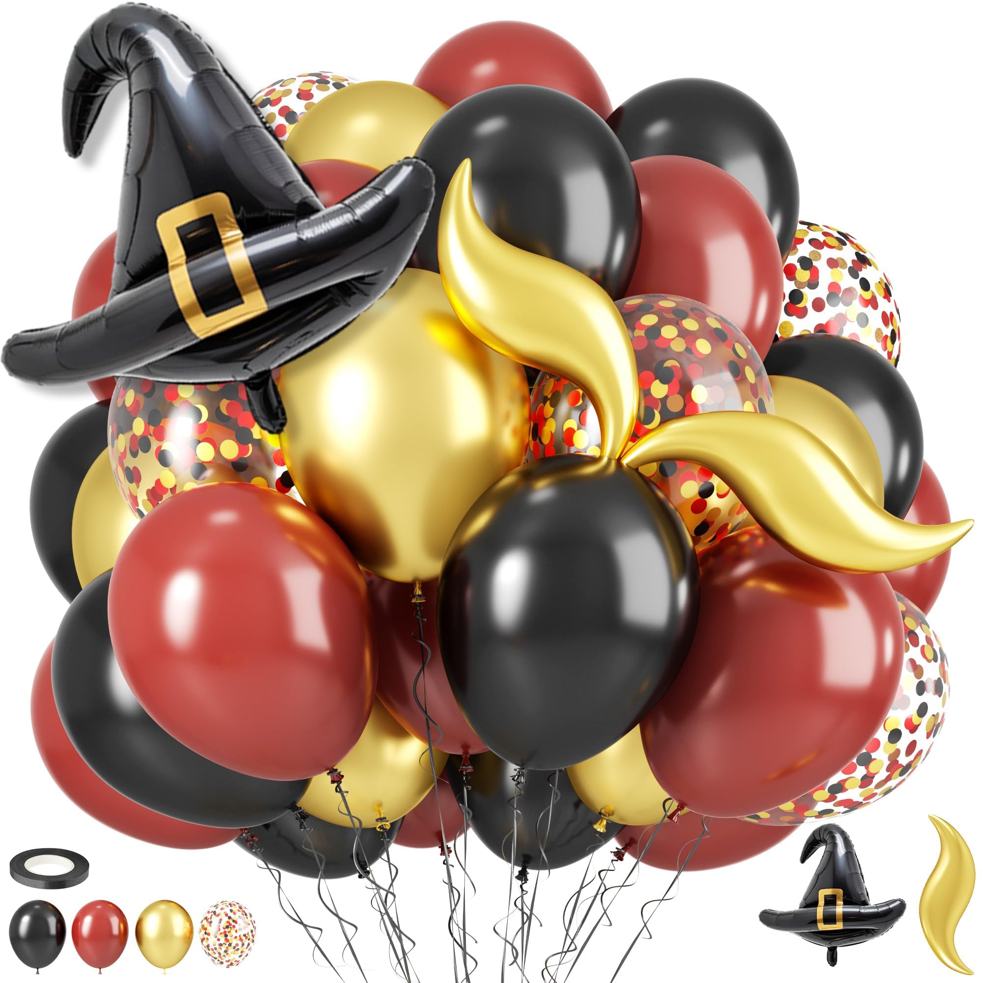 Black Burgundy Balloons, 12 Inch Maroon Black Gold Confetti Balloons with DIY Hat and Gold S-shaped Foil Balloon for Boy Girl Birthday Party