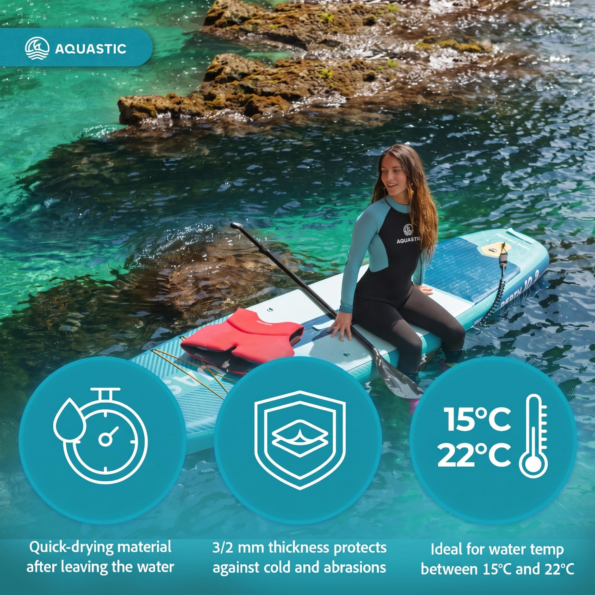 AQUASTIC Women's Wavey Lg 2 mm pianka neoprenowa została zaprojektowana dla kobiet, które szukają ochrony cieplnej podczas aktywności wodnych wiosną i latem.
