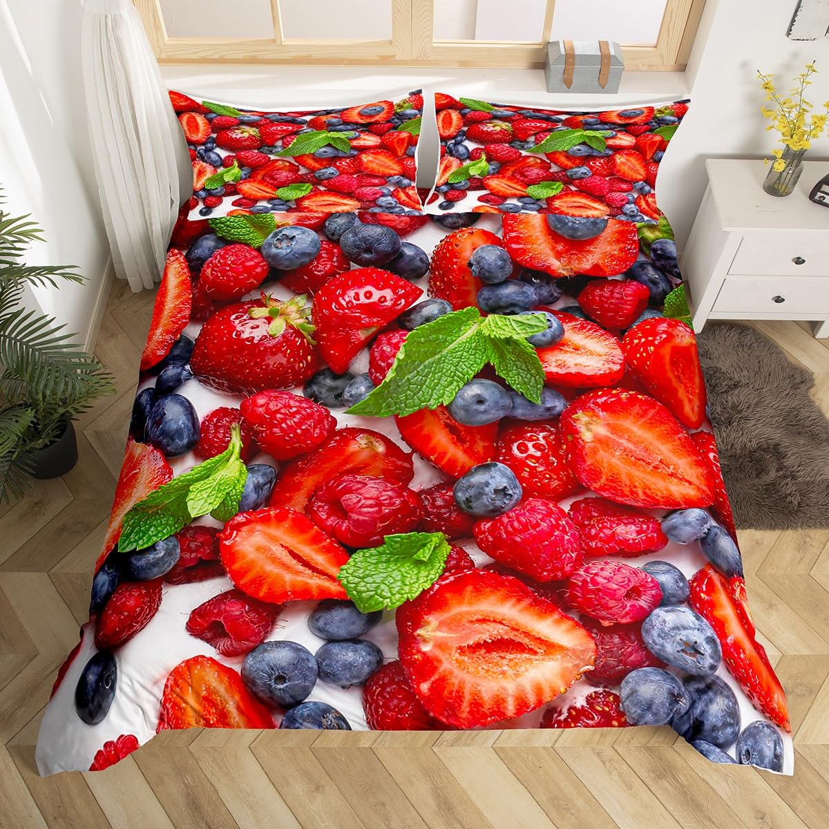 Homemissing Strawberry Duvet Cover for Kids toddler Fruit Yogurt Comforter Cover Blueberry Bedding Set 3D Food Themed Bedspread Cover Decor Quilt Cover Super King