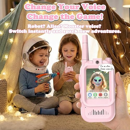 Miniatura 4 de Walkie Talkies de video para niños, paquete de 2 walkie talkies recargables para niños, cambiador de voz y video chat en tiempo real, para niños y