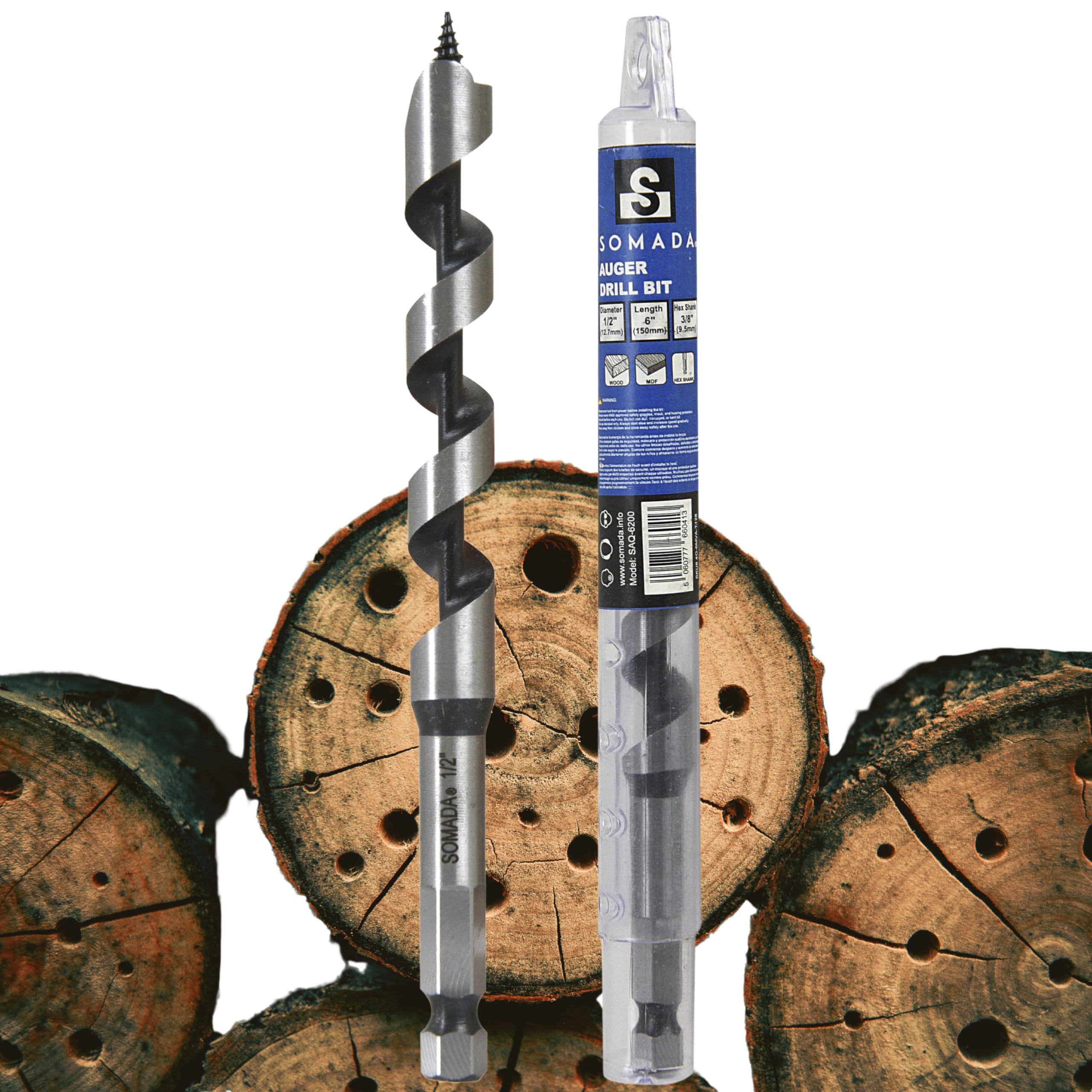 SOMADA 1/2-Inch x 6-Inch Auger Drill Bit for Wood, Quick Change Hex Shank 3/8-Inch One Piece, Ship Auger Long Drill Bit for Soft and Hard Wood,