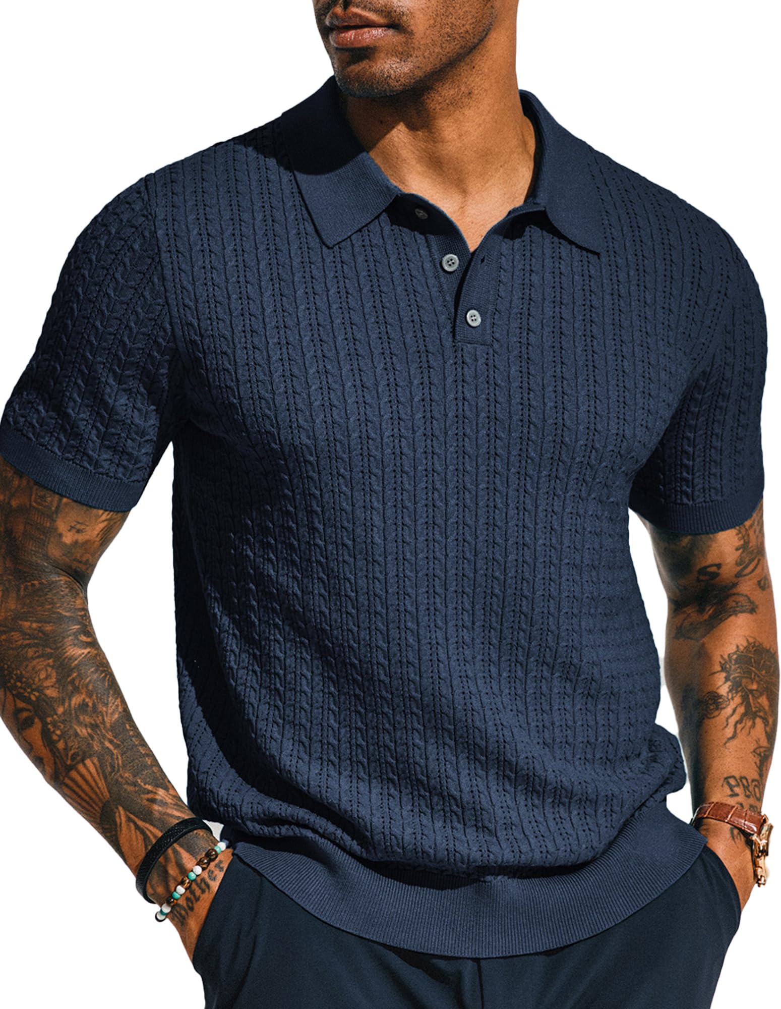 PJ PAUL JONES Mens Knit Polo Shirt Short Sleeve Hollow Out Knit Shirt Texture Knitted Polo