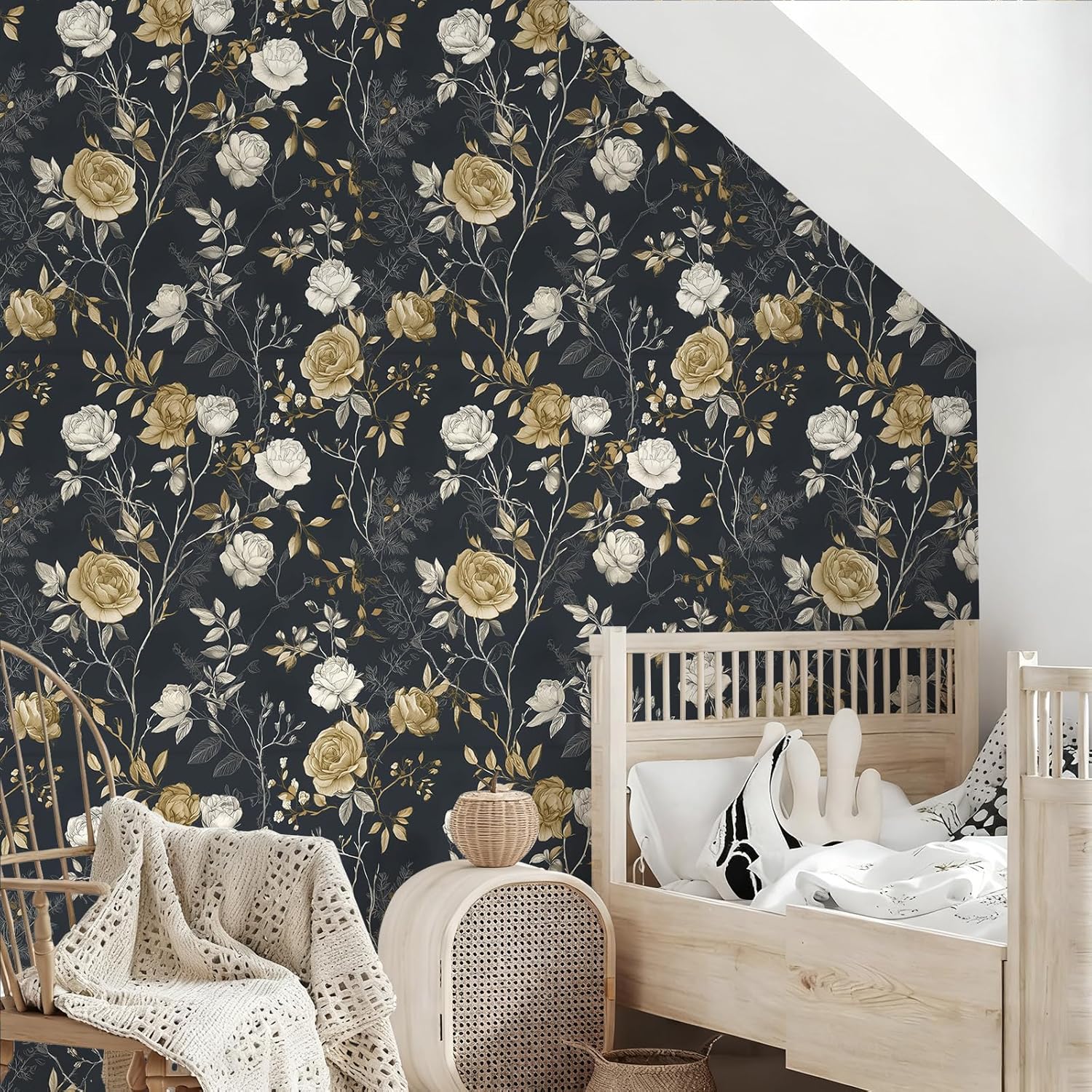 Vintage Hand-Drawn Rose Wallpaper Peel and Stick Removable 17.7" x 236.22" Delicate Leaf Twigs Botanical Wall Paper Self Adhesive for Classroom Bedroom Laundry Room Bathroom