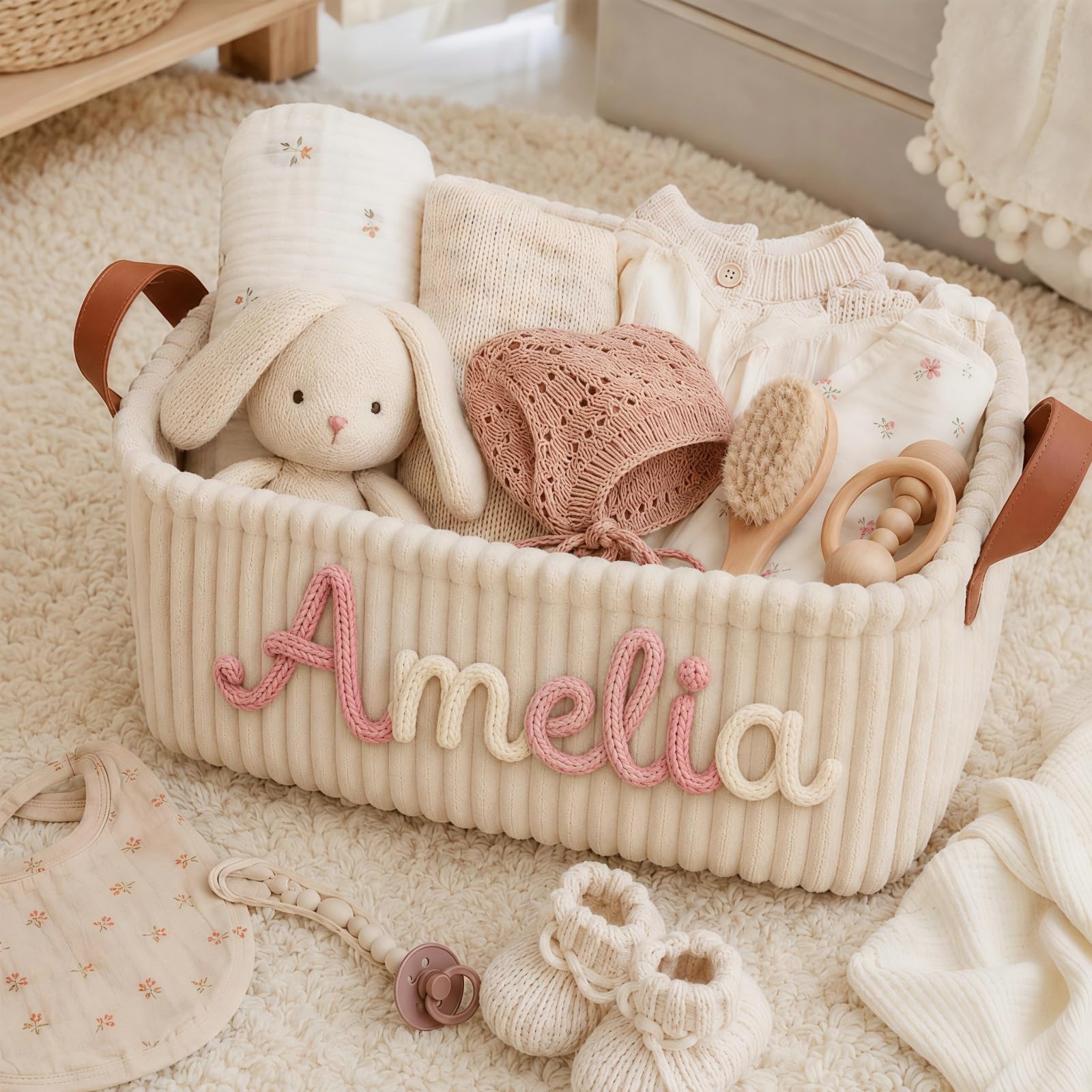 Personalized Corduroy Baby Storage Basket, Custom Name Woven Diaper Basket