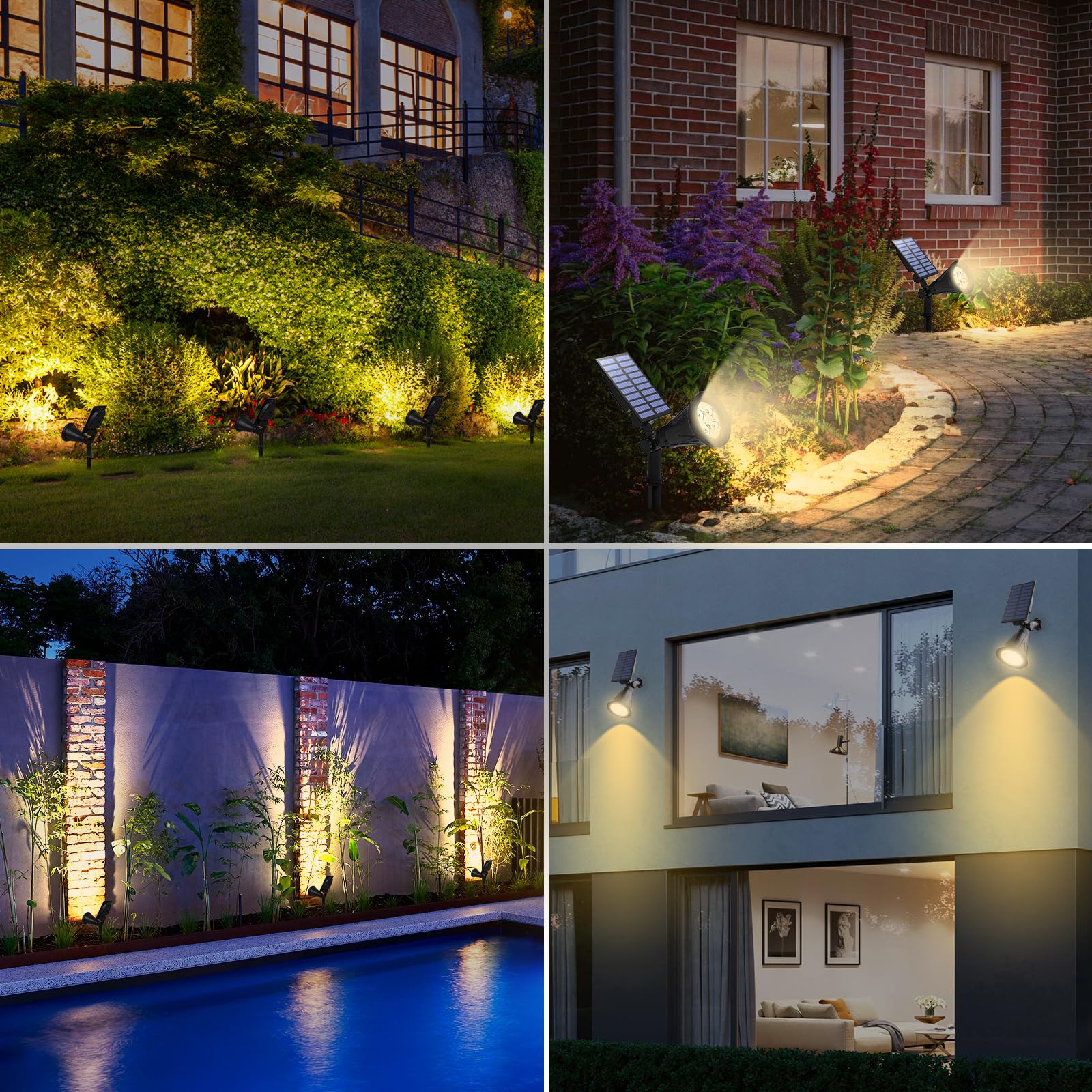 T-SUN [2 Pack LED Solaire Projecteur, Lampe Solaire de 4 LED, Étanche Extérieur Lampe Jardin，Éclairage de Sécurité Paysage Lumière pour Chrismas Arbre, Clôture, Patio, Fête. （Blanco Naturel 4000K