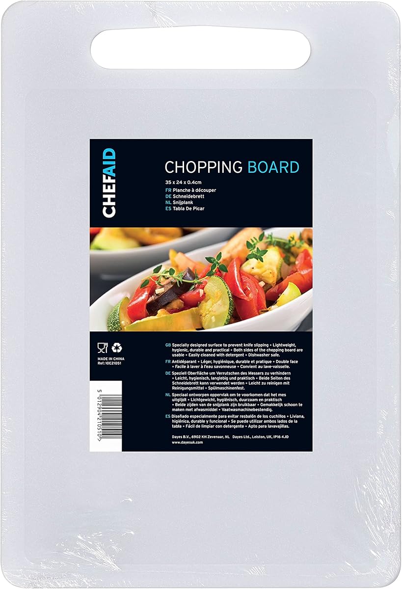 Chef Aid White Poly Chopping Board, Multipurpose Anti-Slip Surface, Easy Clean and Dishwasher Safe with Handle, 35 x 24cm, Other Colour Options Available.