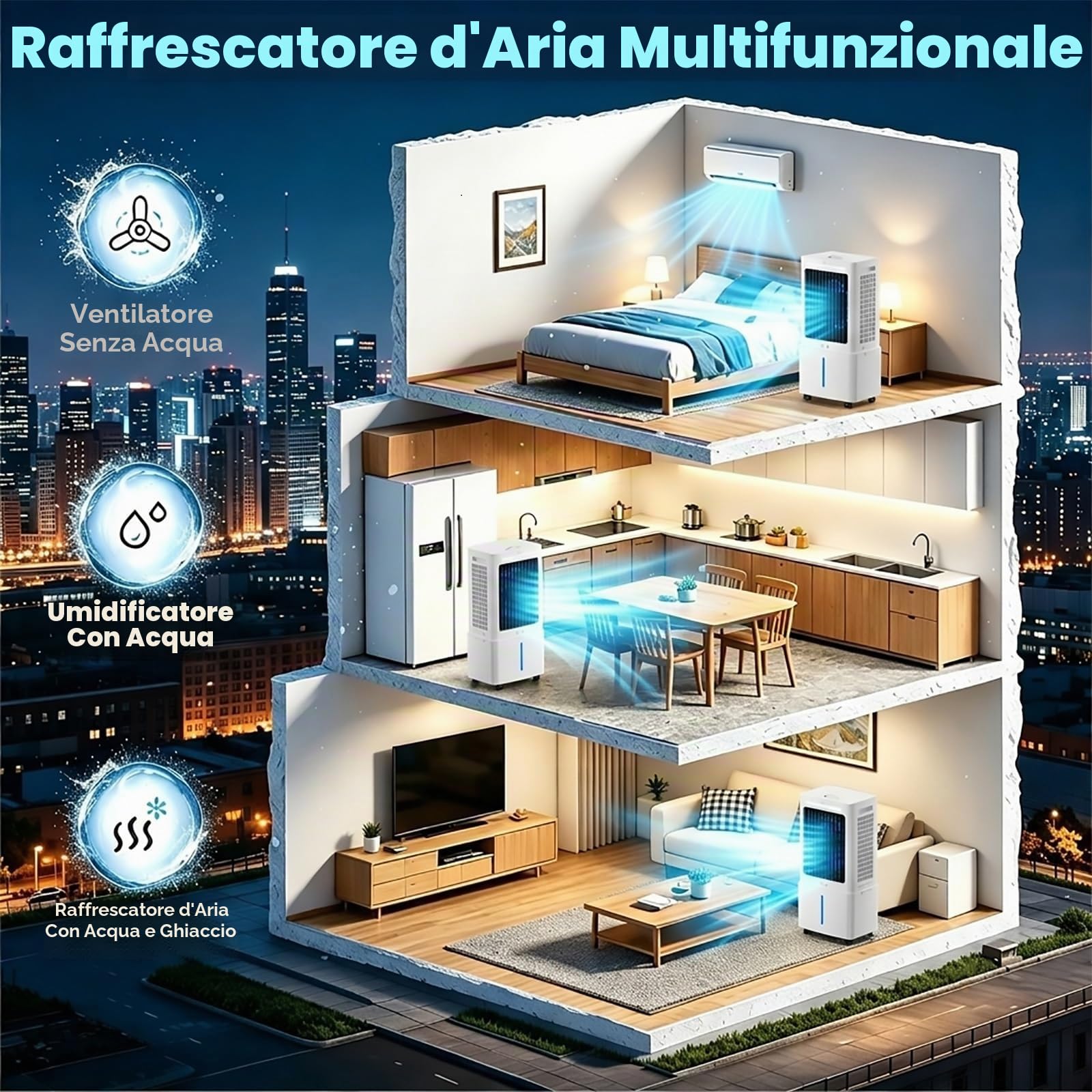 Silenzioso Condizionatore d'aria Senza Tubo di Scarico, Climatizzatore Portatile con Timer da 12 H, 35 dB, Oscillazione di 120°, Telecomando, 3 Velocità, 4 Ruote, per Camera da Letto e Garage