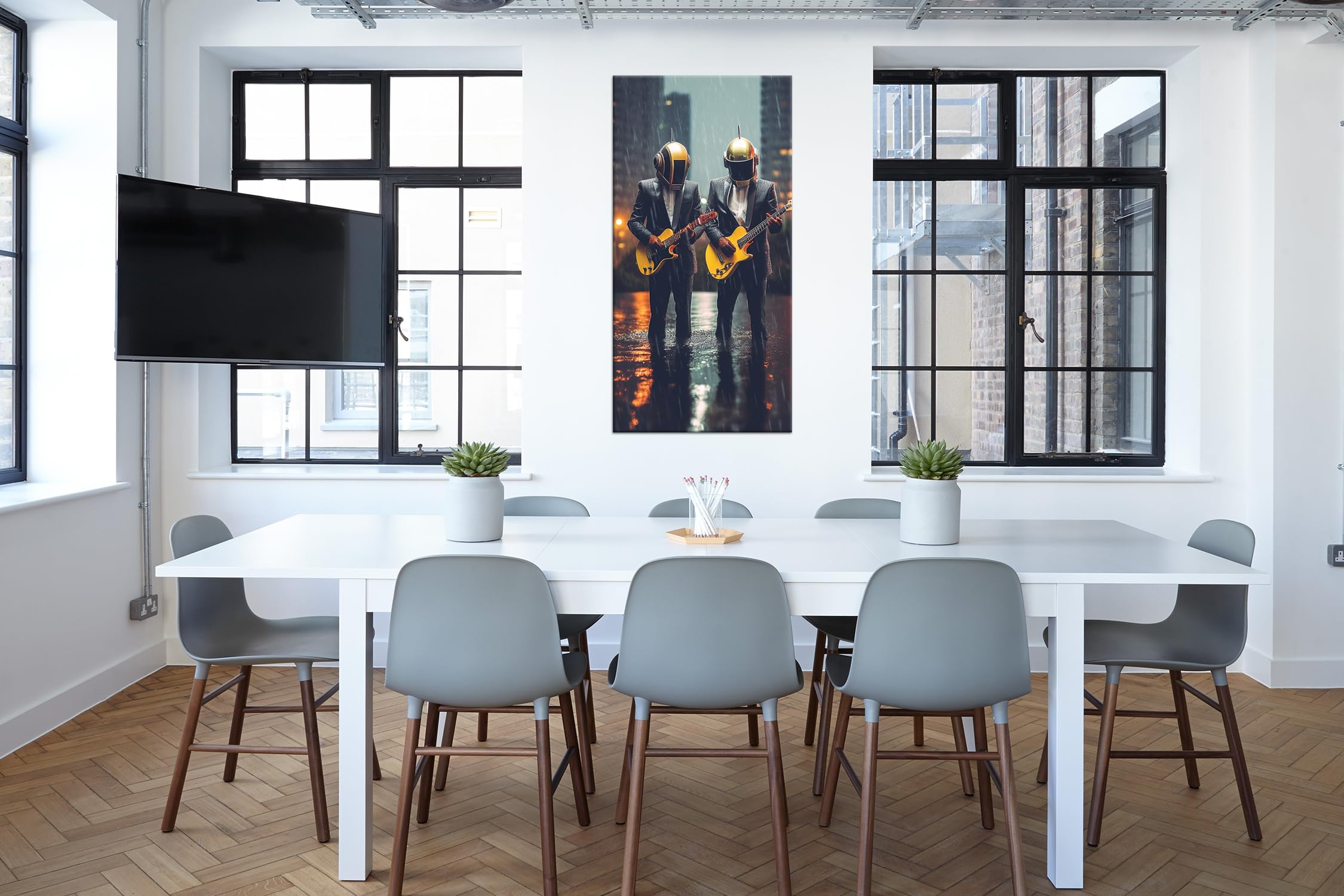 Musicisti futuristici – Eleganza ed elettronica sotto la pioggia Panorama 120 x 60 cm XXL Stampa artistica su cornice di legno/tela/parete parete decorazione soggiorno