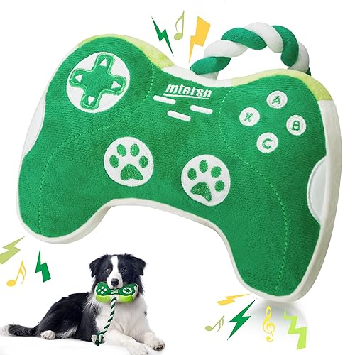 MTERSN Squeaky Dog Toys : Interactive Dog Plush Toy with Full Crinkle Paper and Cute Puppy Chew Toys with Rope - Funny Gaming Controller Shape Dogs Birthday Gift (Green) - Green - Medium