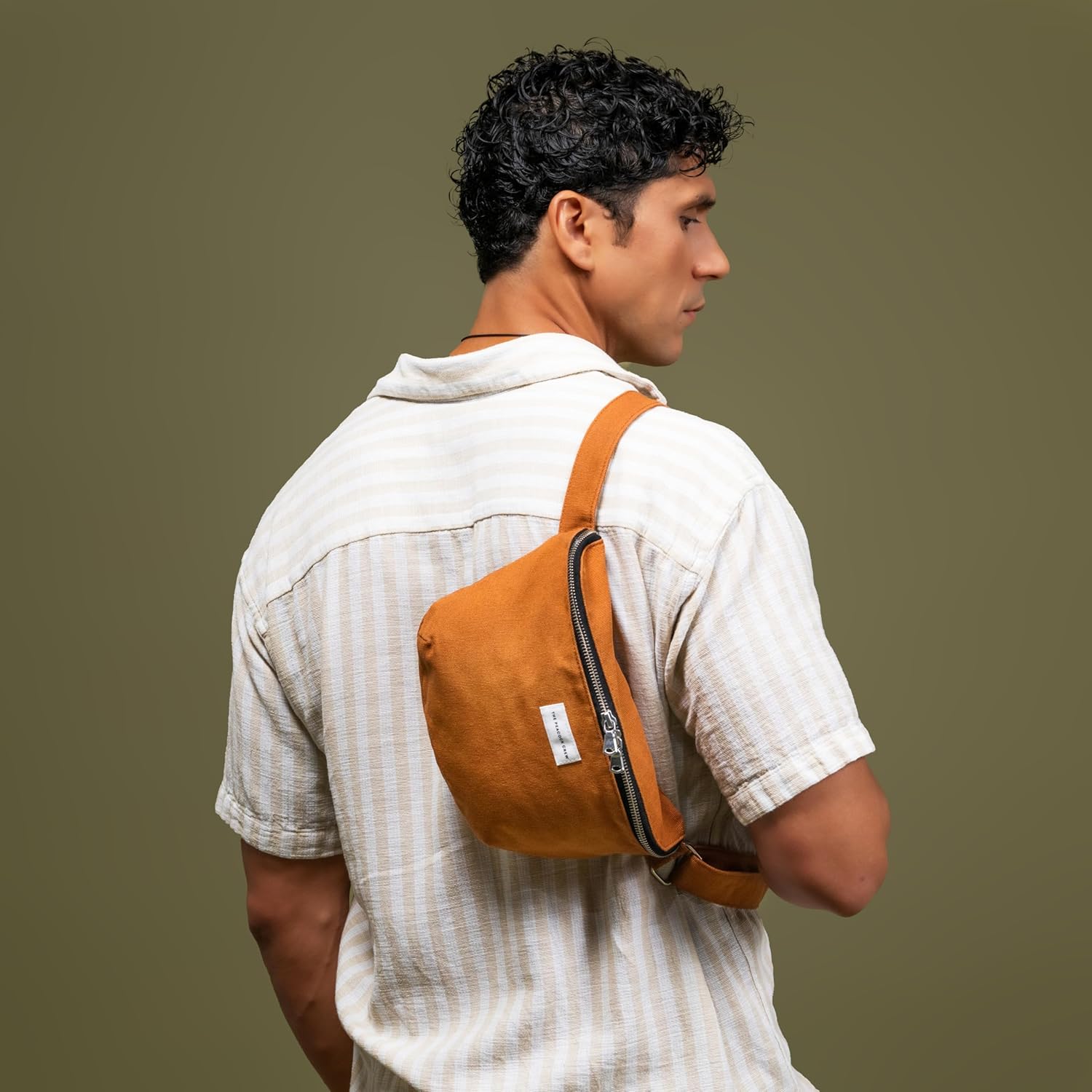 Spacious Camel Brown Crossbody Belt Bag in Cotton Canvas – Lightweight Comfortable & Elegant Sling Pouch Travel Safe Design & Daily Use – Dual Zippers Fanny Pack for Men & Women - Image 3