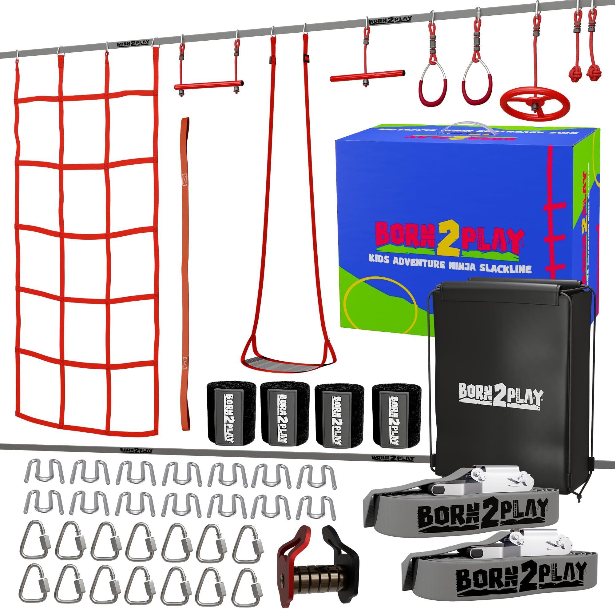 Ninja Warrior Obstacle Course for Kids - Ninja Slackline Kit with Monkey Bars Outdoors, Rope Knots, Gym Rings, Leaf Swing, Pulley and More - Jungle Gym Outdoor Play Equipment for Backyard