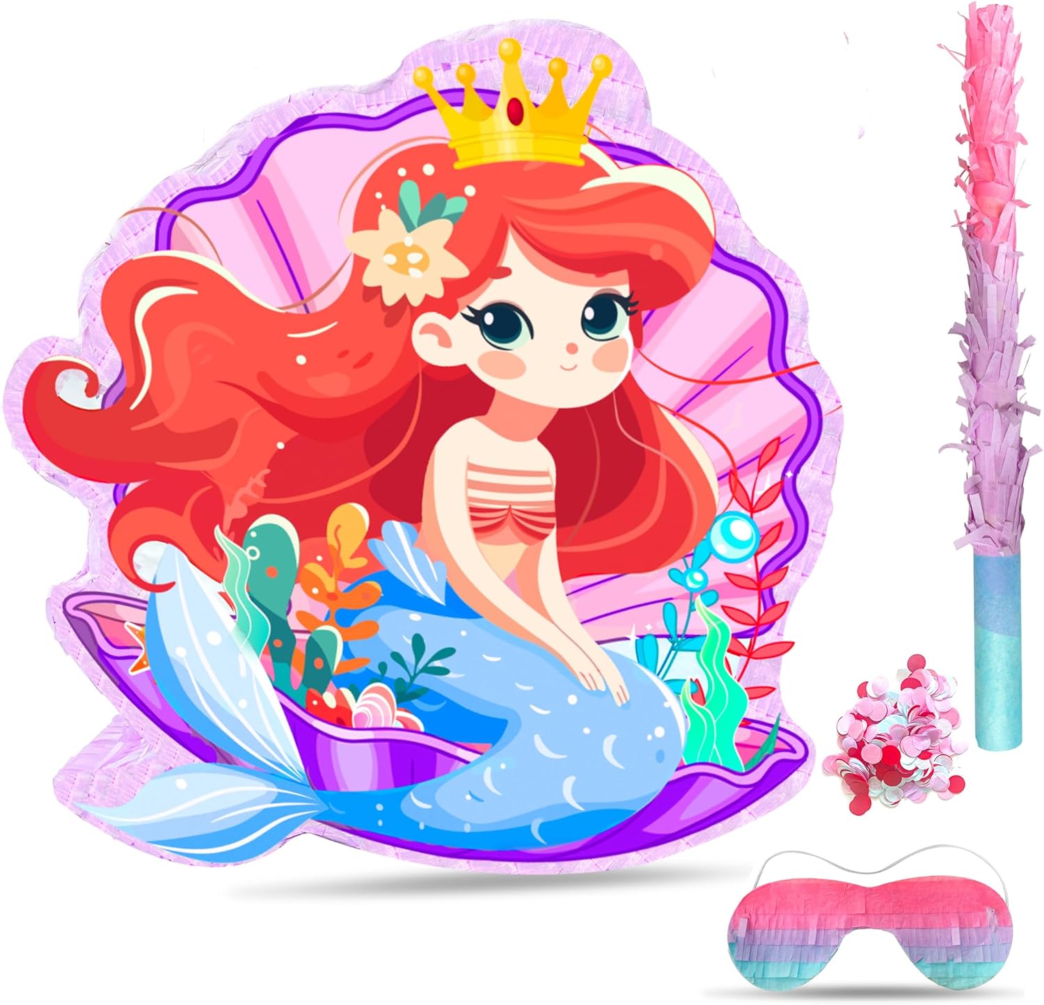 Mermaid Party Piñata Bundle, 4 in 1 Little Fish Piñata with Stick Confetti etc for Mermaid Birthday Party Decorations Carnival Activity