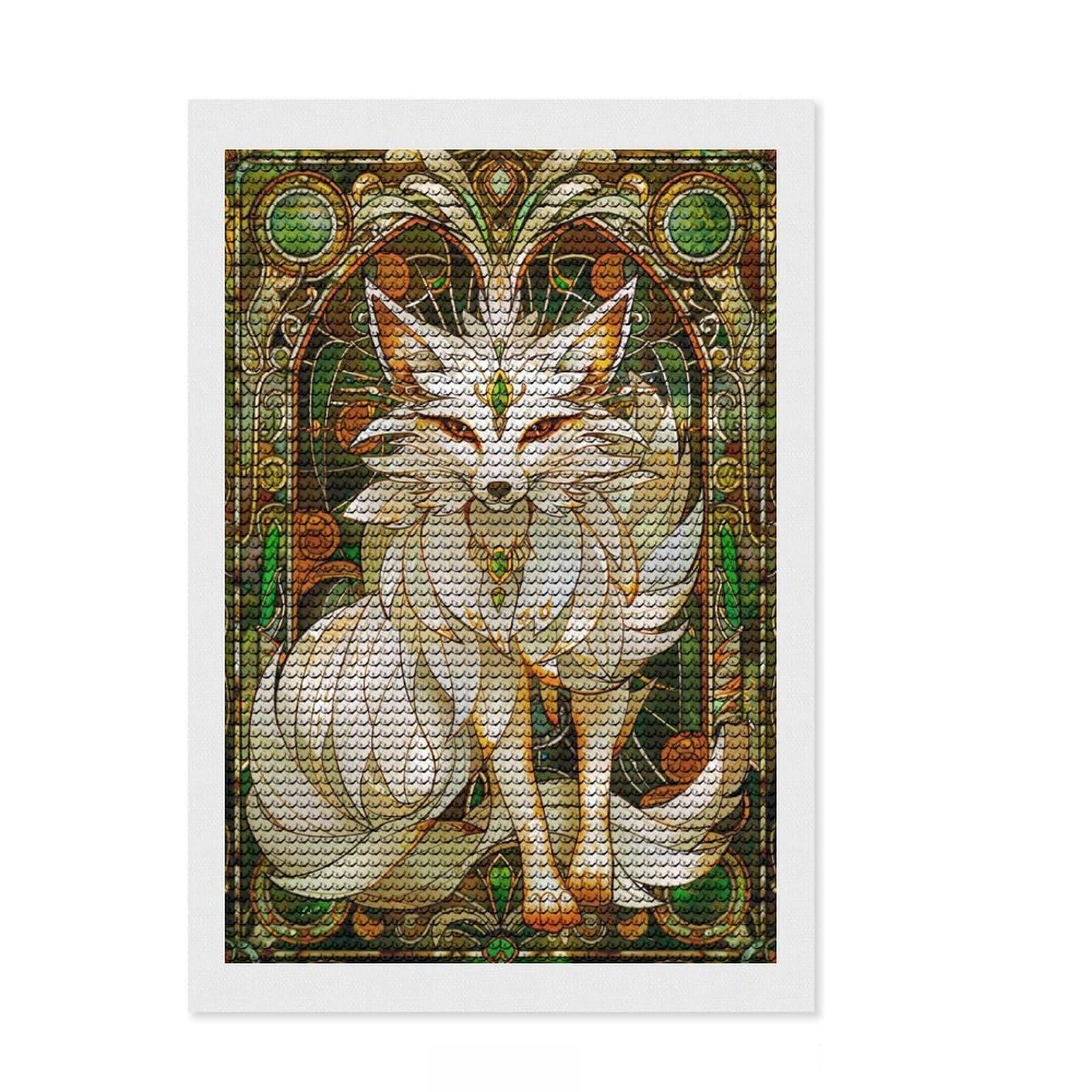 Junmoney Fox Kitsune Stain Glass Crystal Diamond Art Kit 8"x12", Cute Room Decor, Stress Relief Craft, Artistic Hobby, Vintage Style Decor