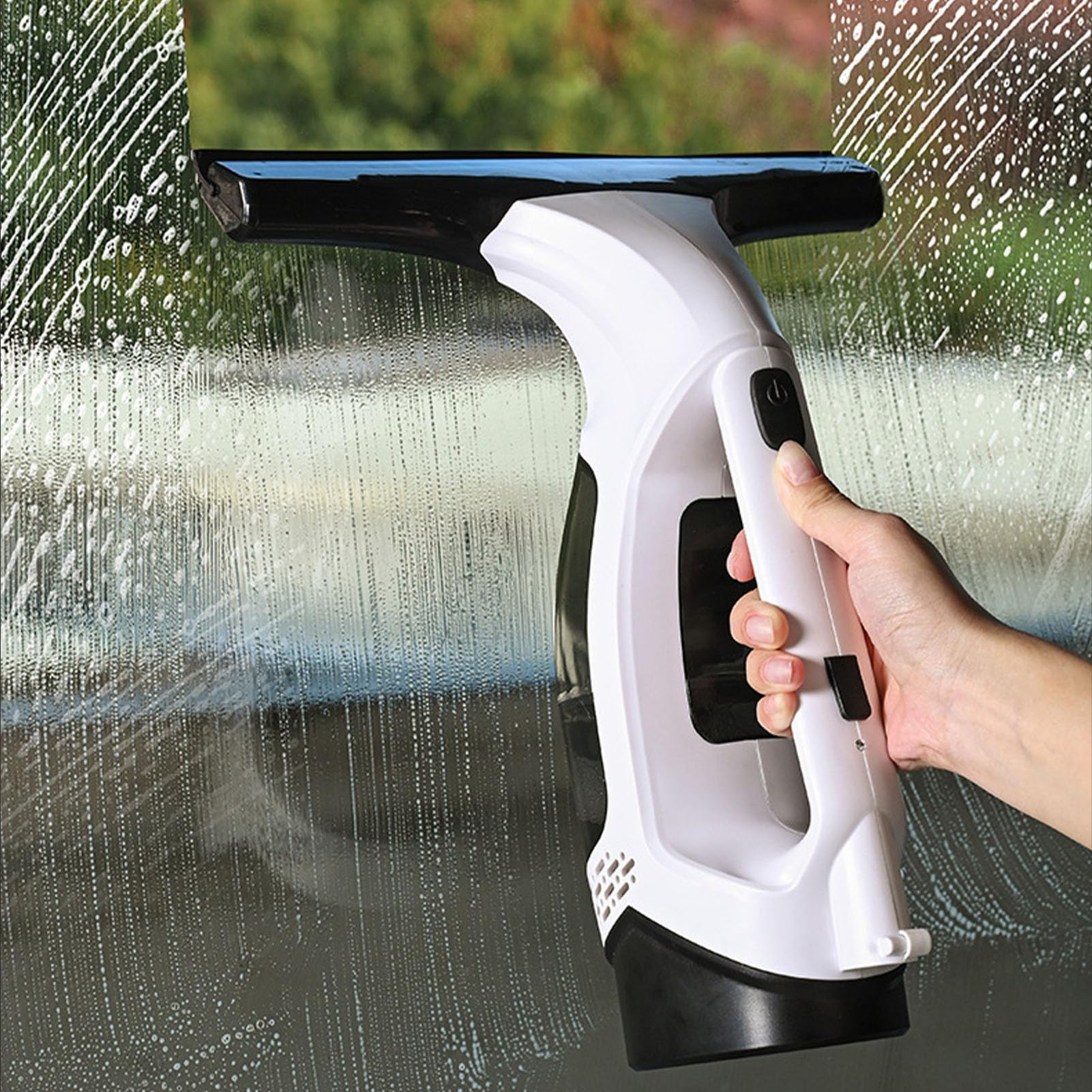 Geevorks Aspirador de ventanas, limpiaparabrisas con succión de 2,0 kPa, pulverización con un toque, recogida automática de agua, cuchillas desmontables y depósito extraíble