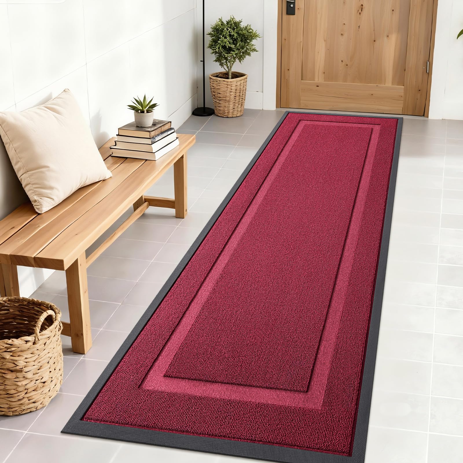 OLANLY Front Door Mat Outside 71x23, All-Season Heavy-Duty Rubber Doormat | Burgundy, Absorbent, Stain and Fade Resistant, Waterproof Non-Slip Backing, Low-Profile Indoor Outdoor Floor Mat for Entryway