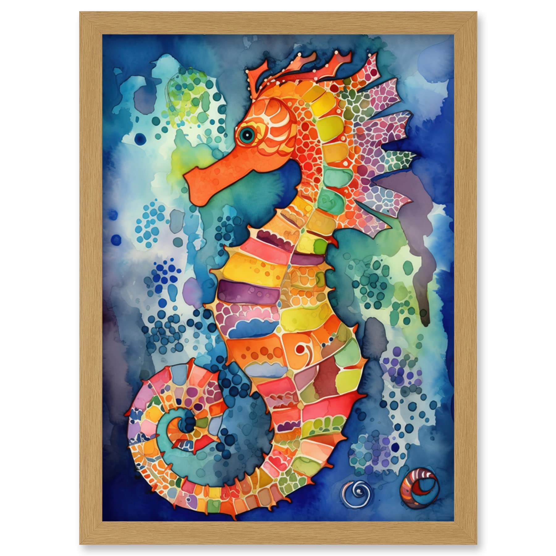 Artery8 Vibrant Colour Pattern Seahorse Folk Art Artwork Framed Wall Art Print A4