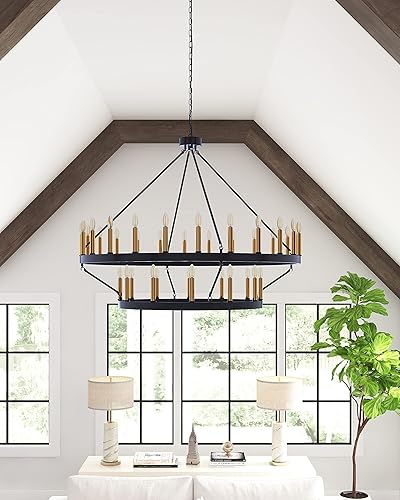 Miniatura 3 de yzzy Candelabro de 36 luces estilo vela de 2 niveles estilo vela colgante de 47 pulgadas, candelabros de hierro forjado para sala de estar, pasillo,