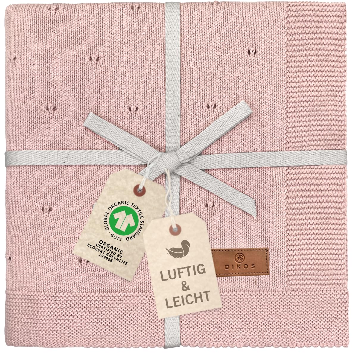 DIKOS® Babydecke Ajour Strick Altrosa | leicht - luftig | l100% GOTS Bio-Baumwolle | Baby Erstausstattung Neugeborenen Decke für Mädchen | weiche Strick Taufdecke Kuscheldecke Geburt Taufe