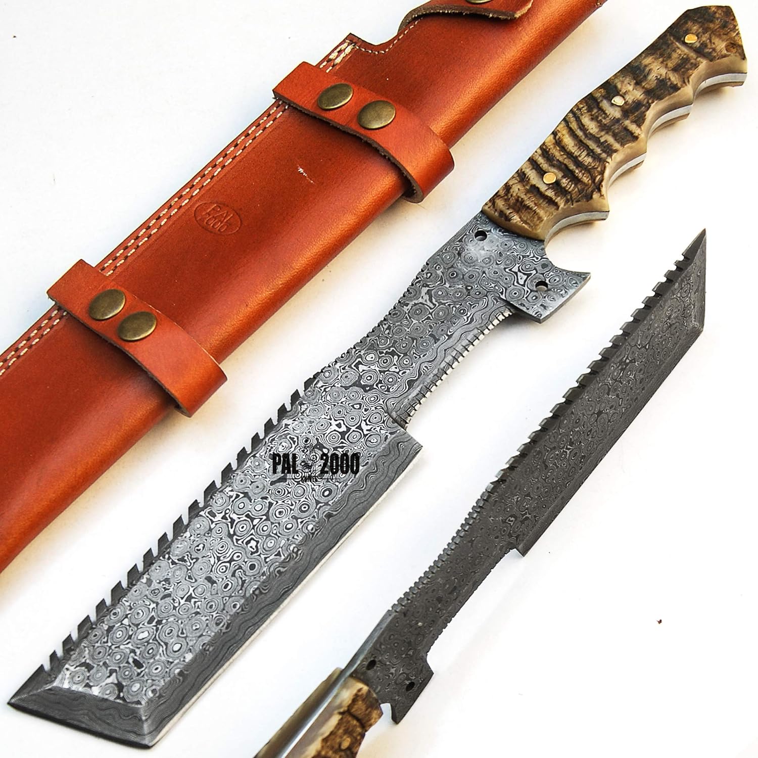 PAL 2000 KNIVES Custom Handmade Damascus Steel 14 Inches Hunting Knife - Perfect Grip Ram Horn Handle with Sheath 9445