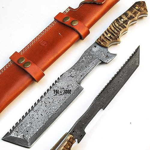 Miniatura 5 de PAL 2000 KNIVES Cuchillo de caza hecho a mano de acero de Damasco de 14 pulgadas - Mango de cuerno de carnero de agarre perfecto con funda 9445