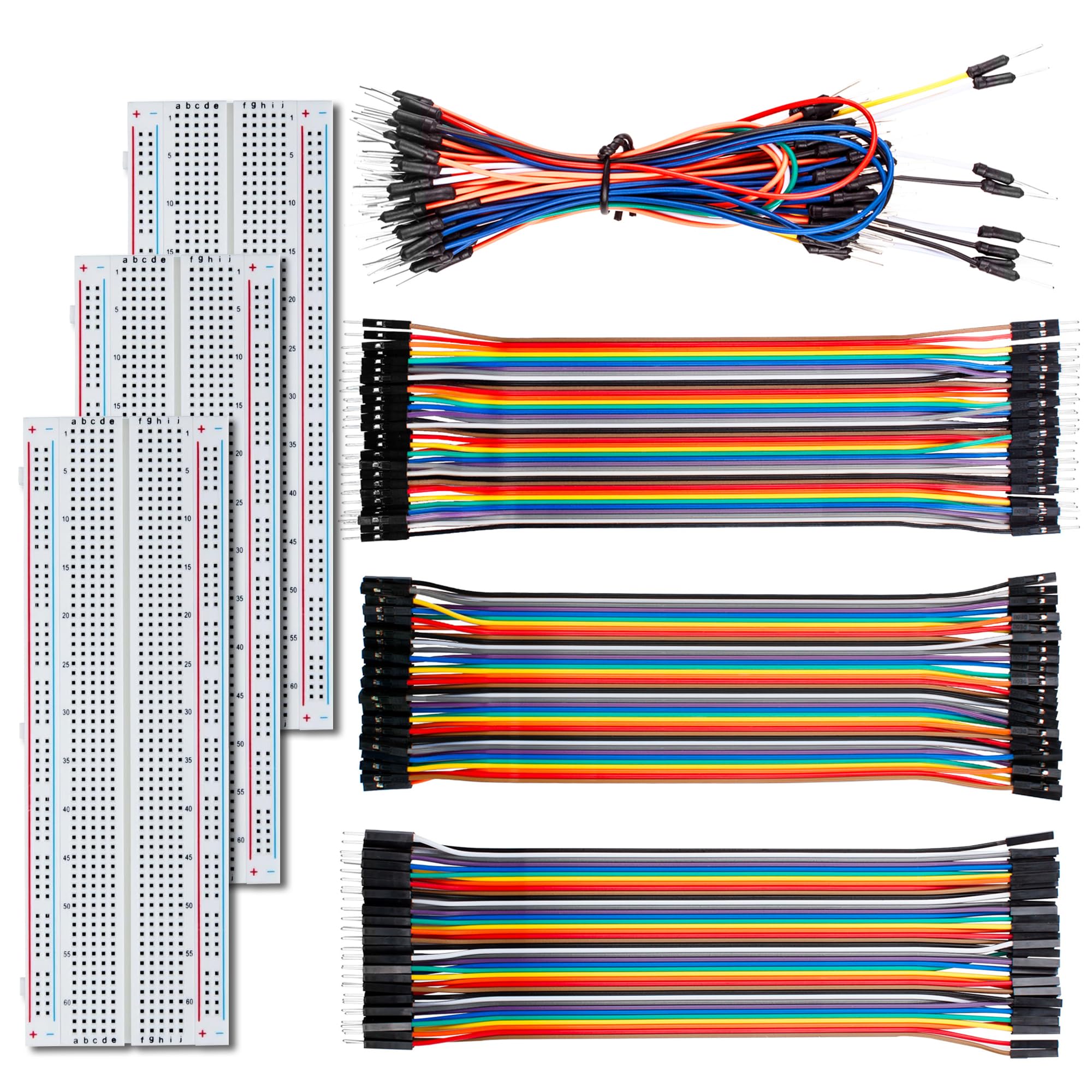 Miuzei Breadboard Dupont - Kit di cavi jumper da 3 x 830 punti, 120 pezzi filo dupont (F2F/F2M/M2M), 65 pezzi Jumper Wire compatibile con Arduino