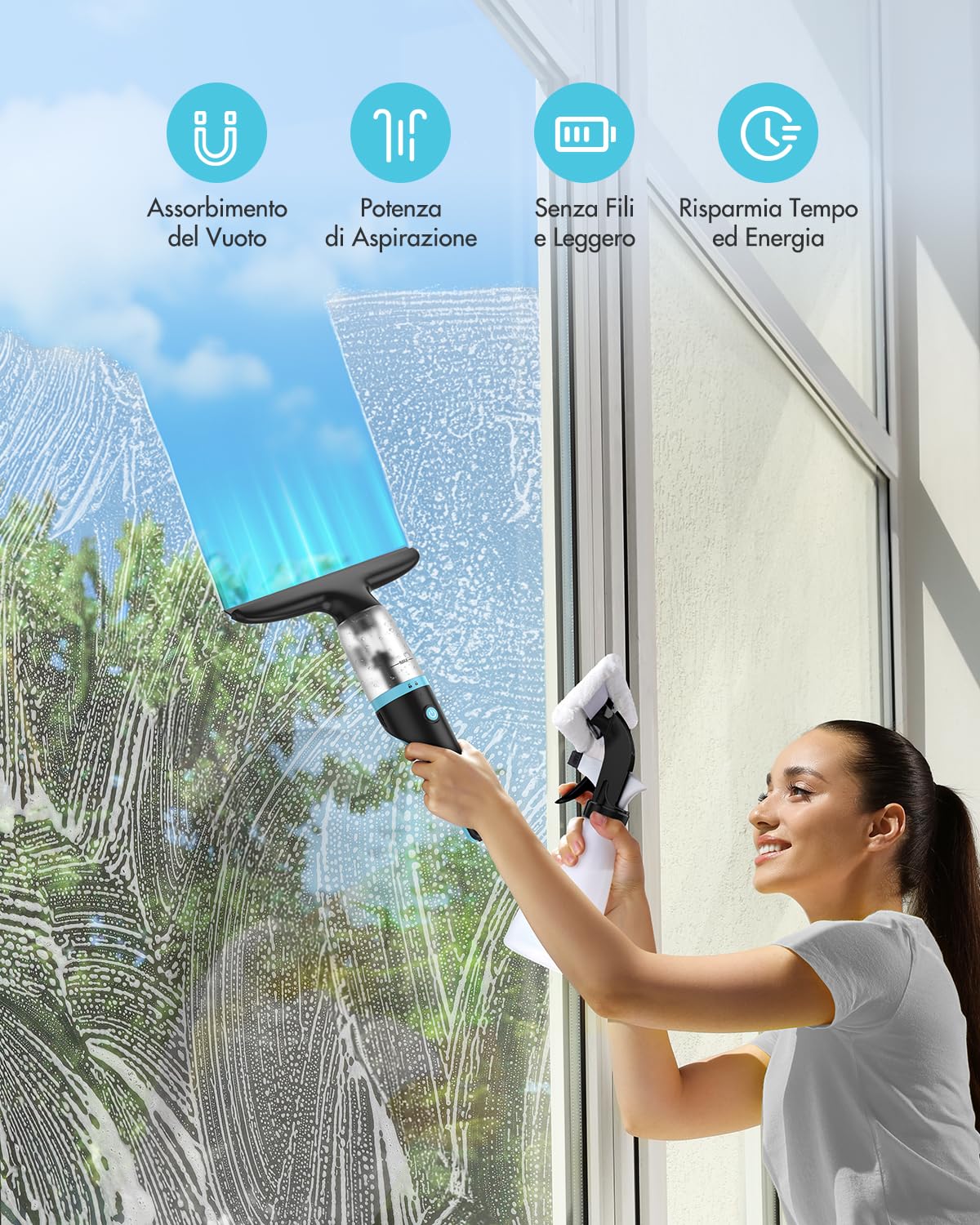 iDOO Aspirapolvere Elettrico per Vetri, Pulisci Vetri a Batteria per la Pulizia di Finestre, Specchi, Bagni e Docce, Pulisci Vetri Senza Fili, Involucro IPX4, Pulisci Vetri Elettrico, 40 Minuti