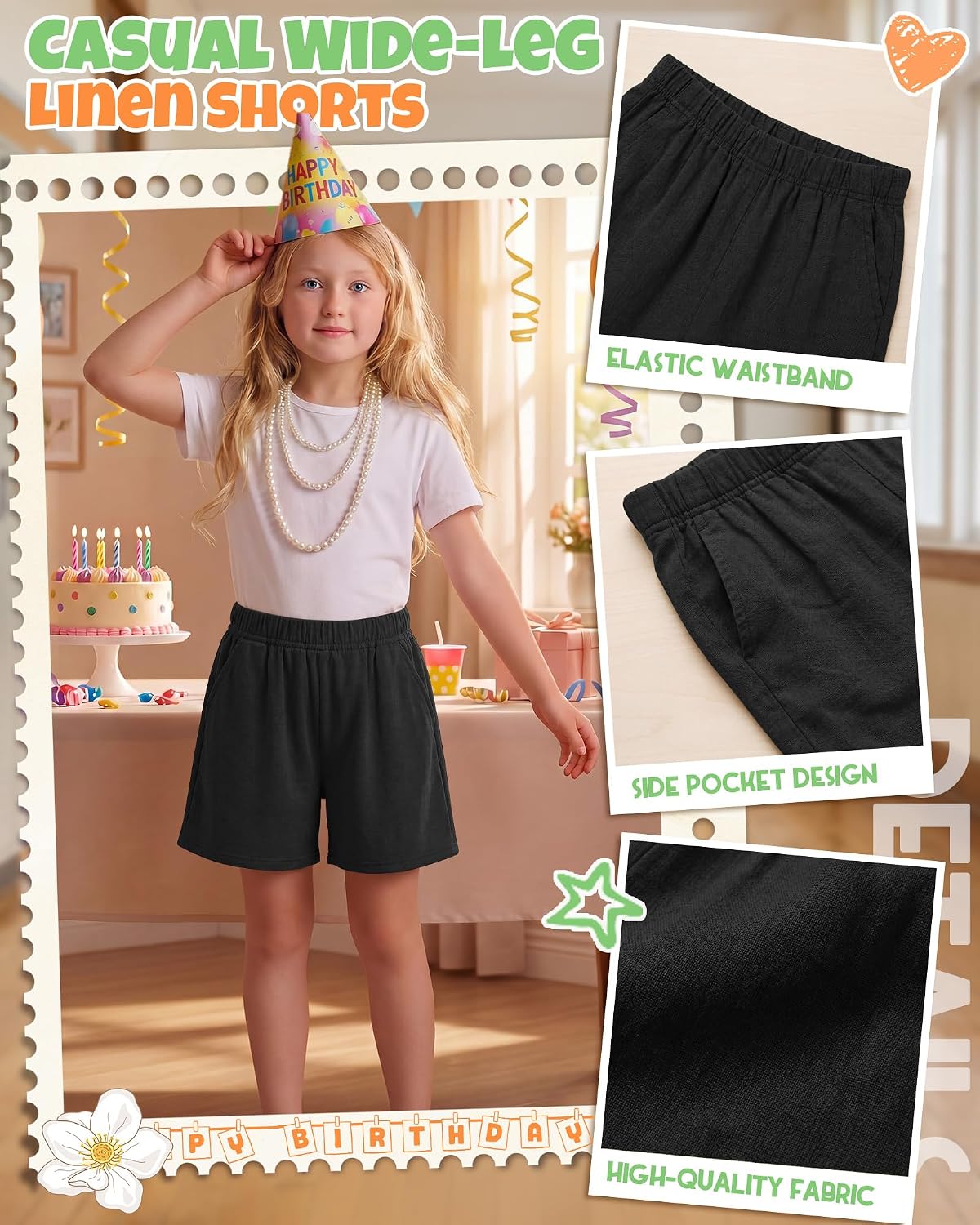 Girls Linen Shorts 5-14 Years Teen Casual High Waist Wide Leg Shorts Kids Summer Athletic Basic Clothes with Pocket