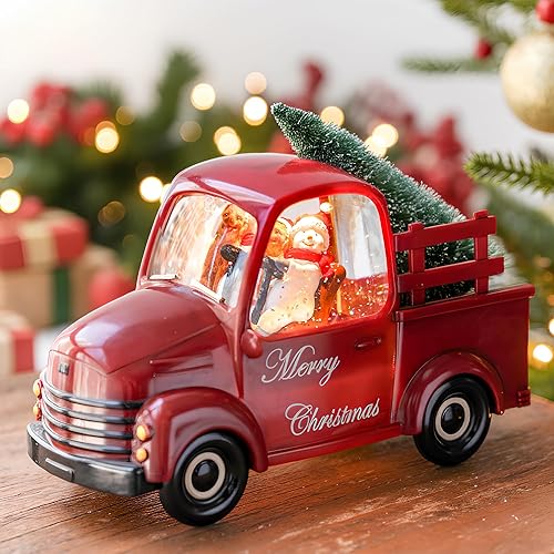 Miniatura 5 de Xindian Globo de nieve de camión rojo musical con purpurina giratoria, muñeco de nieve y perro, árbol de Navidad, linterna de agua giratoria para