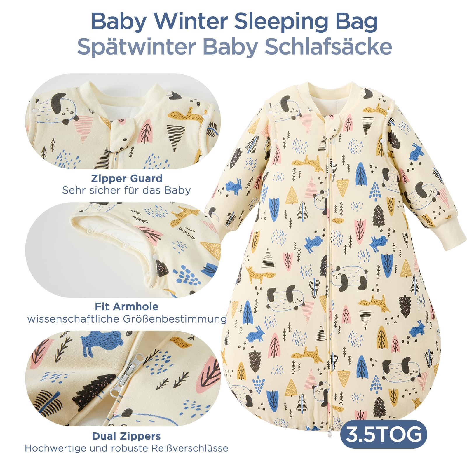 Duomiaomiao Sacco nanna 3.5Tog per bebè, Sacco 100% cotone per bebè invernale, Ragazze neonate, Sacco nanna per bambini maschi, Caldo per neonati e bambini piccoli(Beige Panda/100)